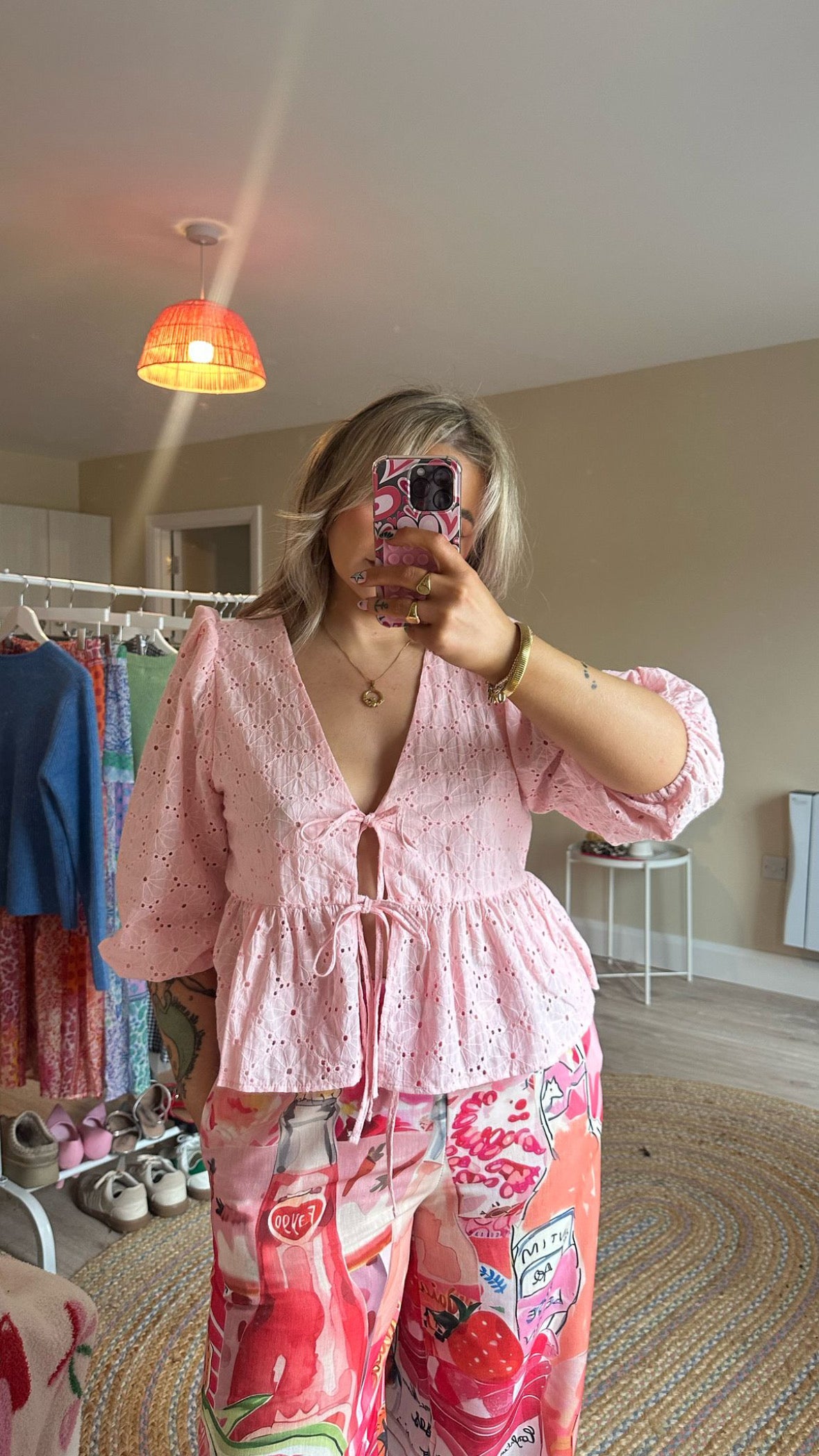Tie Front Broderie Anglaise Blouse - Pink