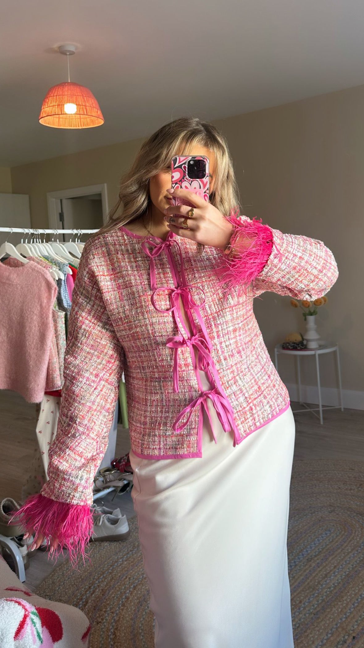 Pink Tweed Feather Cuff Jacket