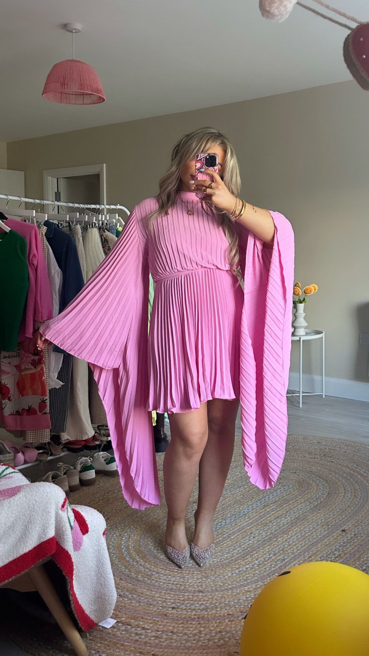 Pleated Wing Sleeve Dress - Pink (Pre-Order est 26th March)