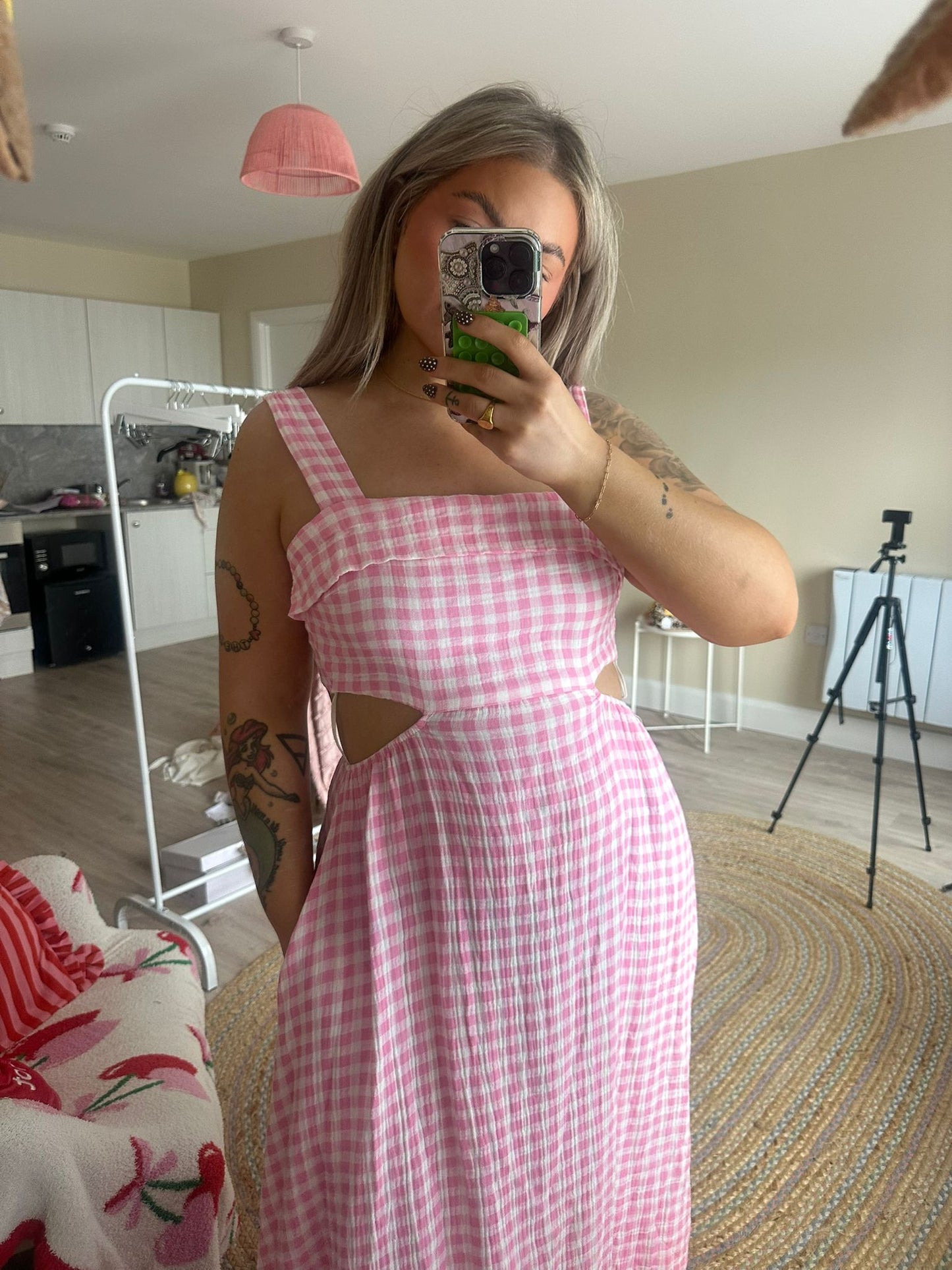Gingham Tie Back Midi Dress - Pink