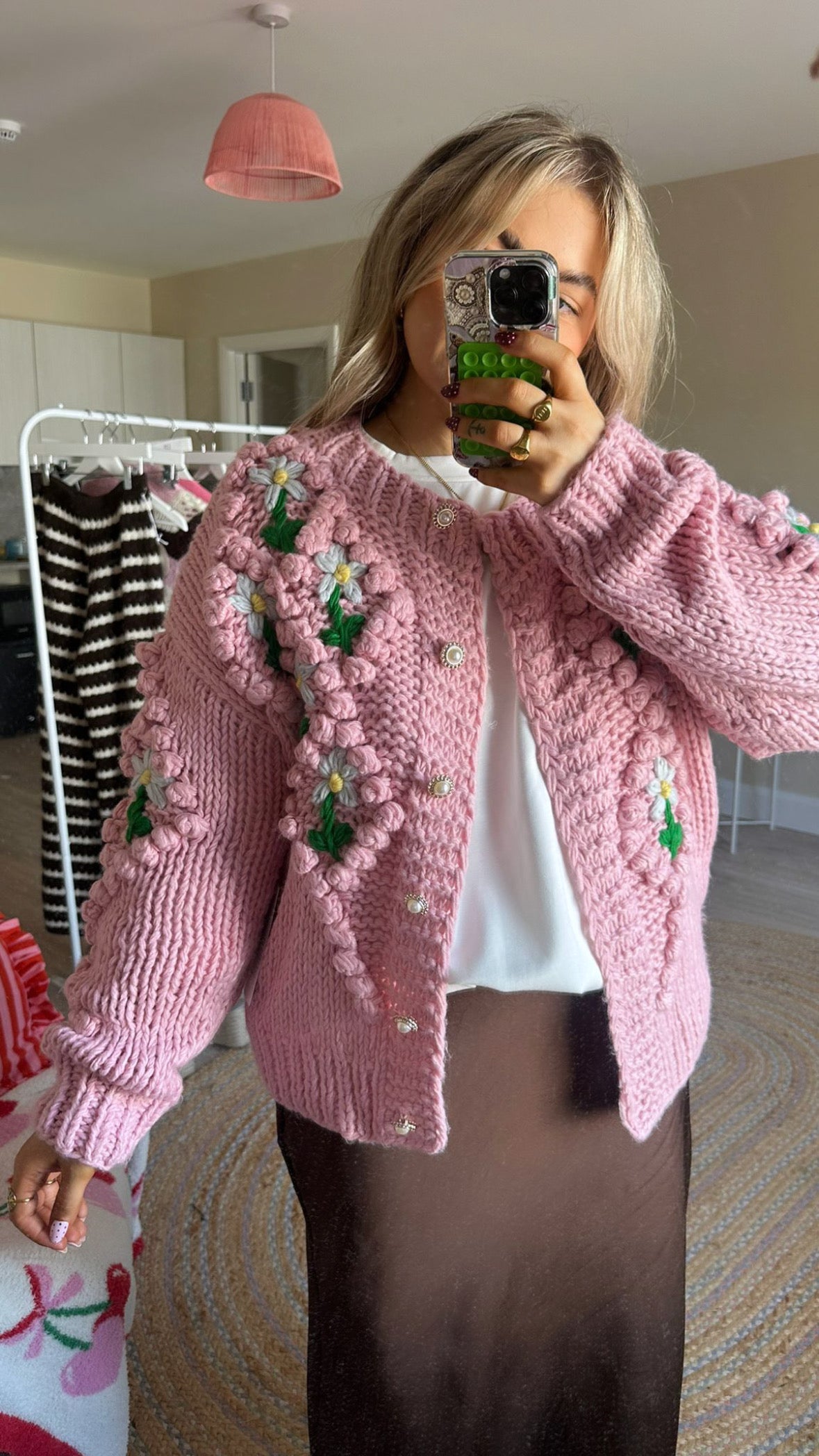 Pink Chunky Floral Knit Cardigan