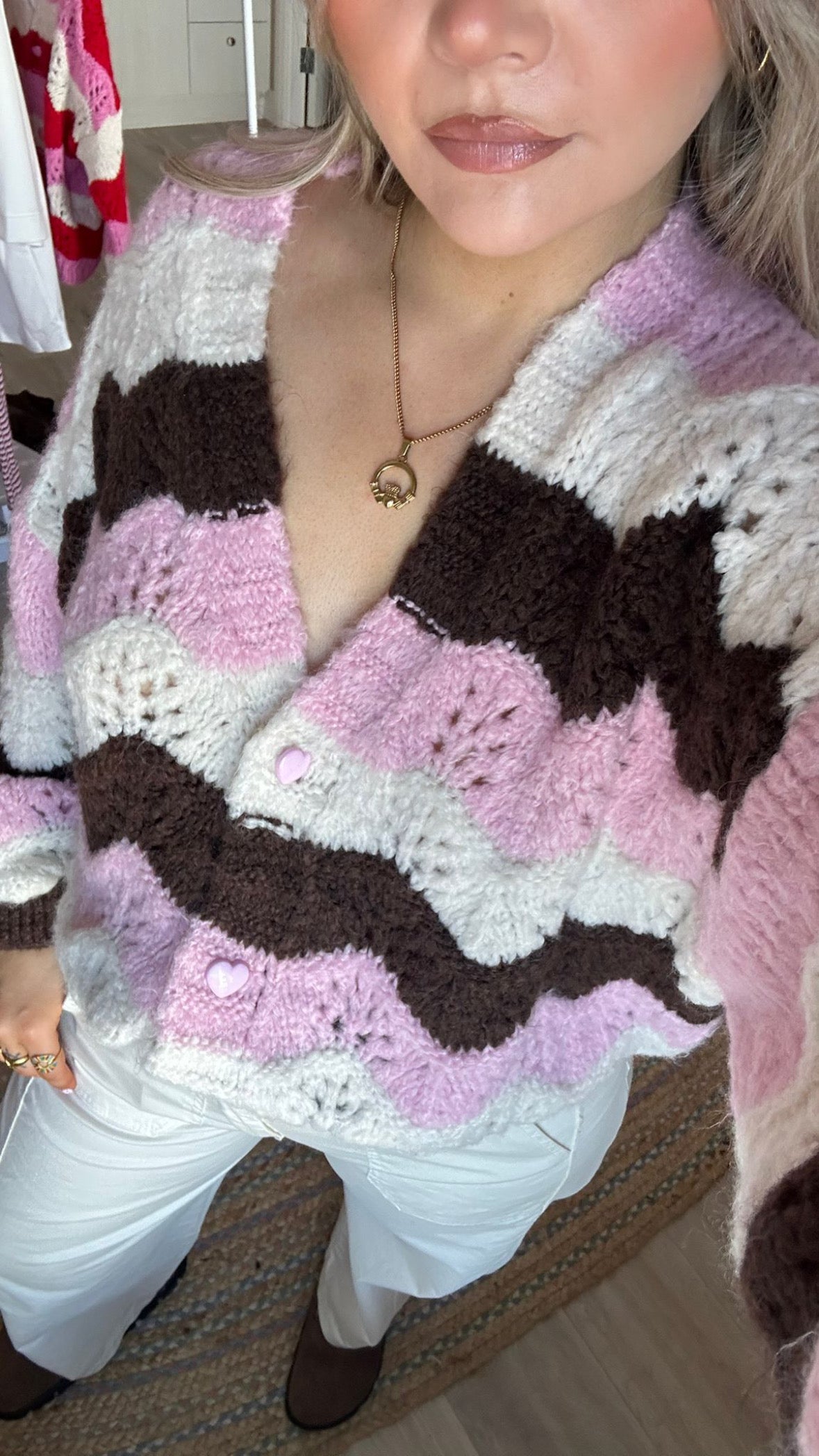 Chevron Knit Cardigan - Pink/Brown