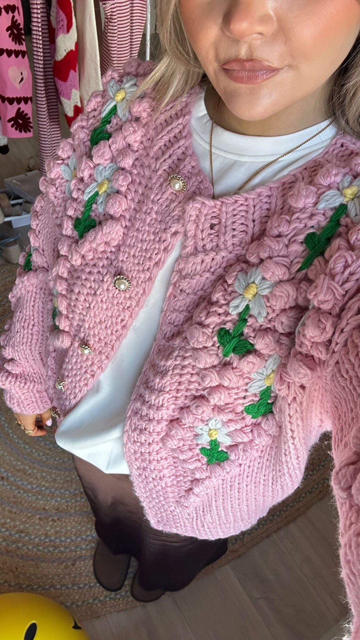 Pink Chunky Floral Knit Cardigan
