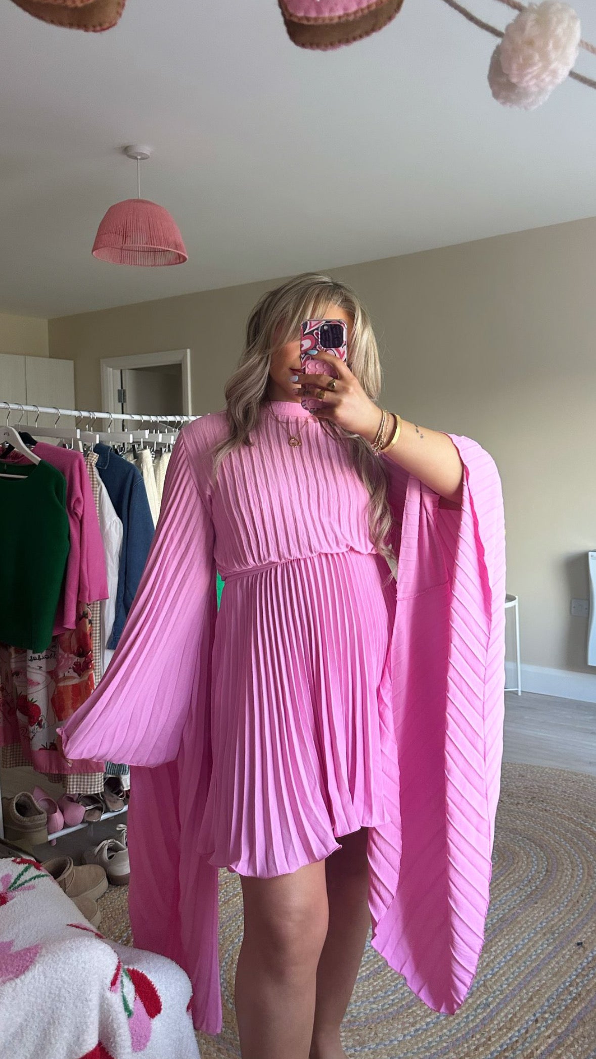 Pleated Wing Sleeve Dress - Pink (Pre-Order est 26th March)