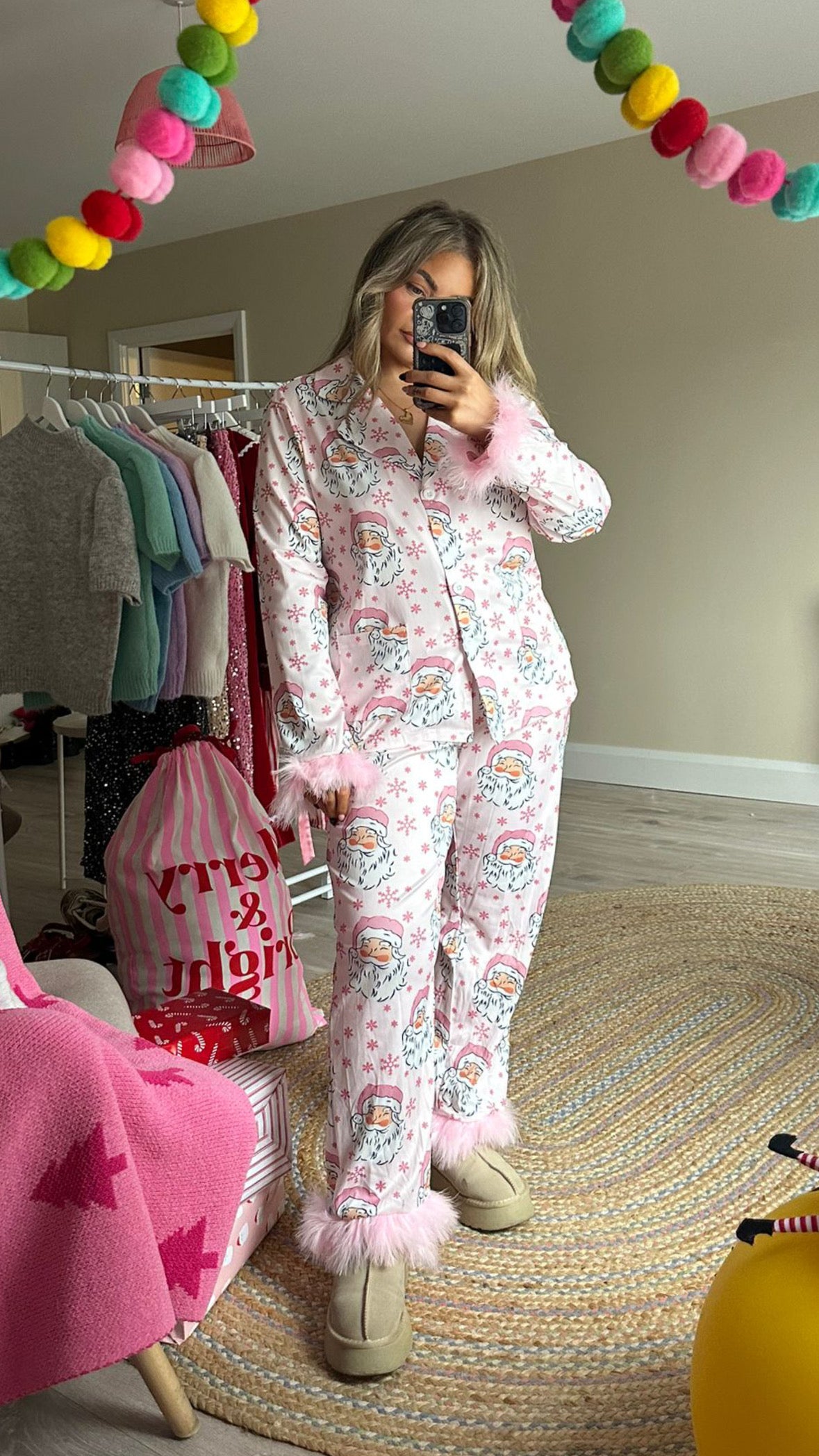Pink Santa Feather Cuff Pyjamas