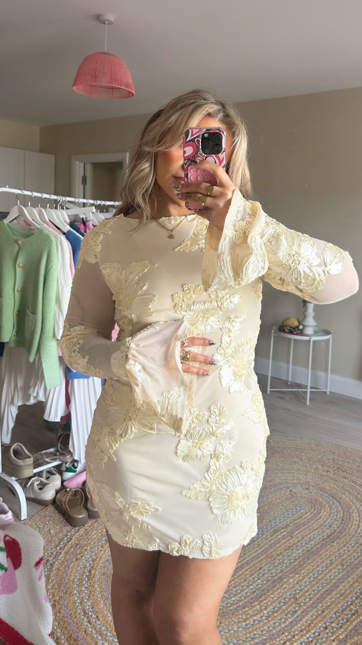 Floral Appliqué Flared Sleeve Mini Dress