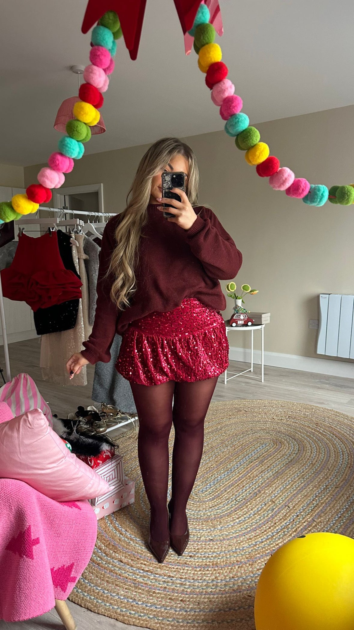 Bubble Hem Sequin Skirt In Red
