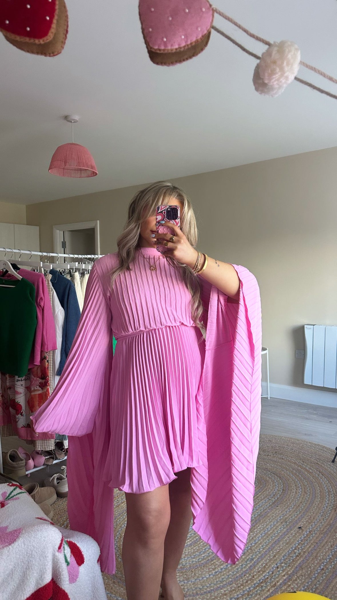 Pleated Wing Sleeve Dress - Pink (Pre-Order est 26th March)