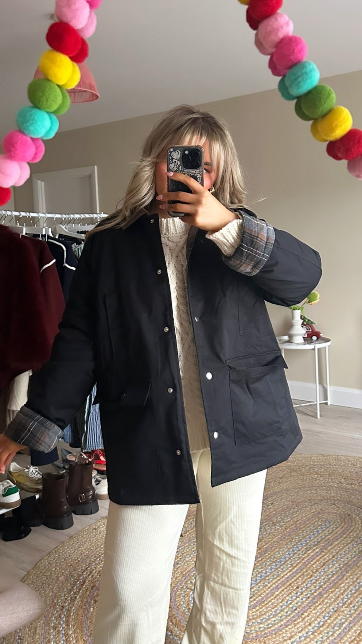 Plaid Lined Waxed Jacket - Black