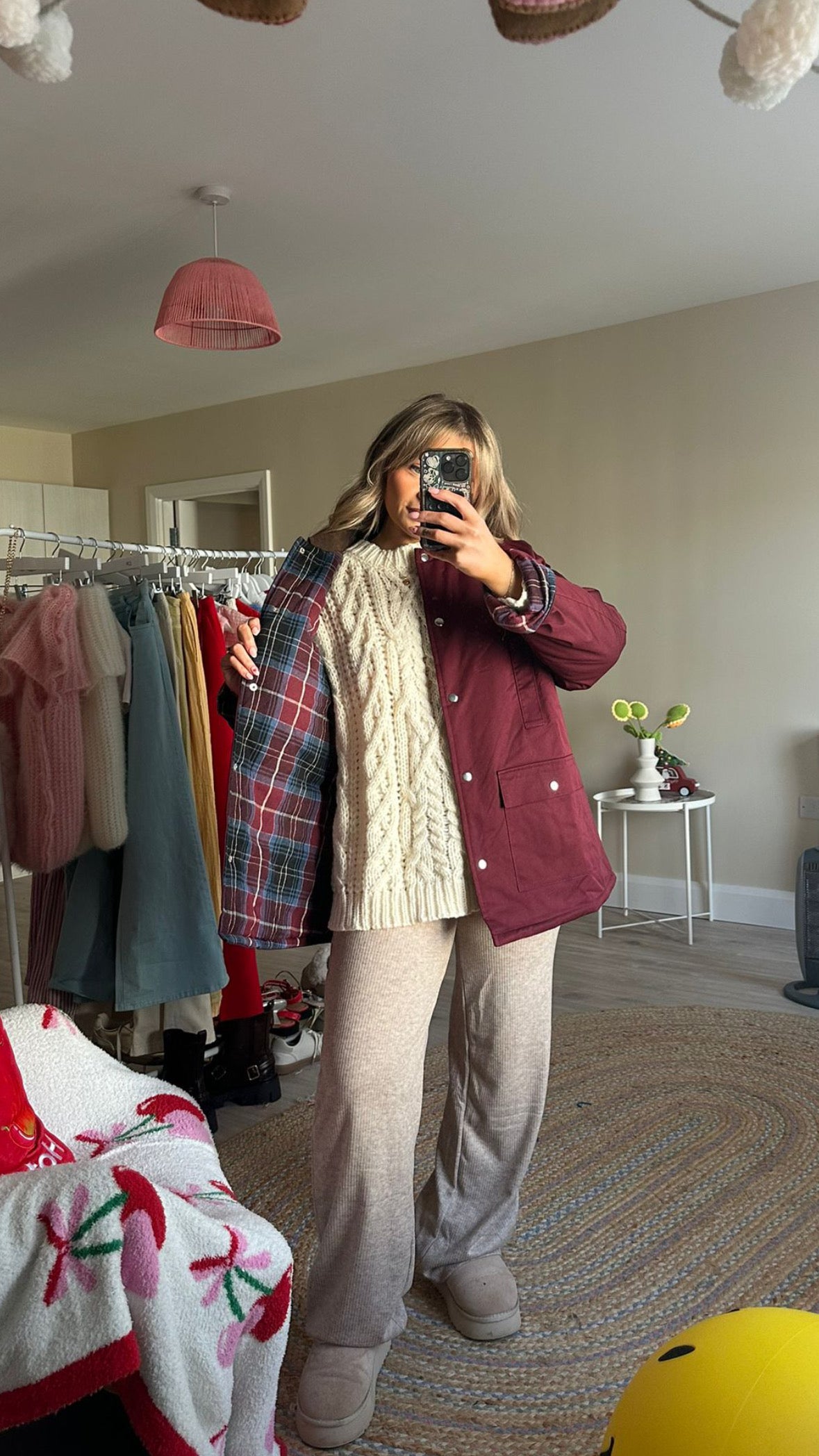 Plaid Lined Waxed Jacket - Burgundy