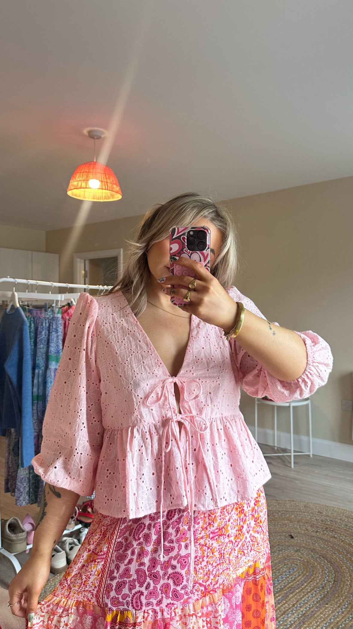 Tie Front Broderie Anglaise Blouse - Pink