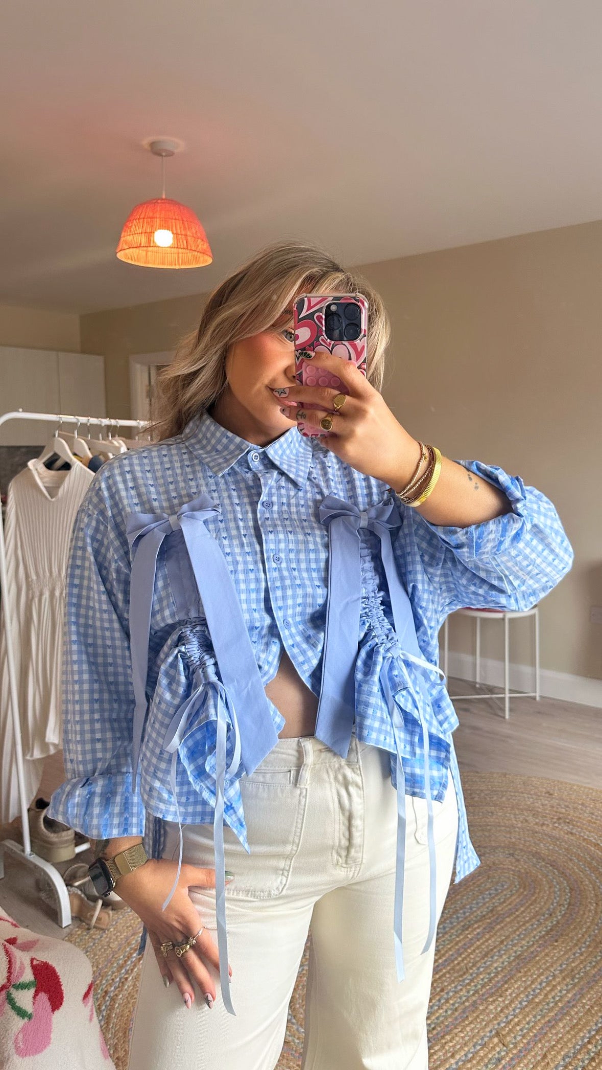 Blue Gingham Adjustable Bow Shirt