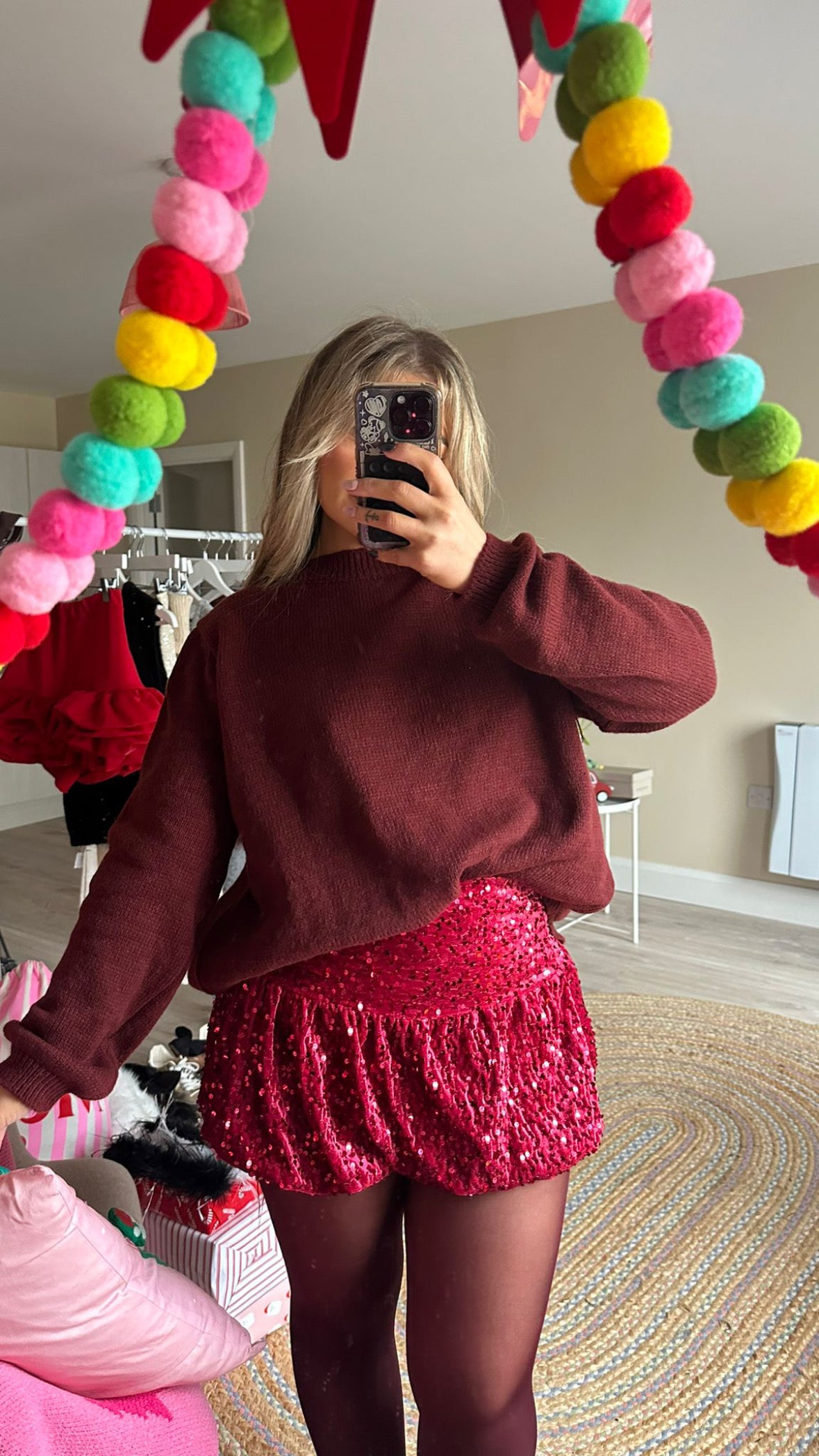 Bubble Hem Sequin Skirt In Red