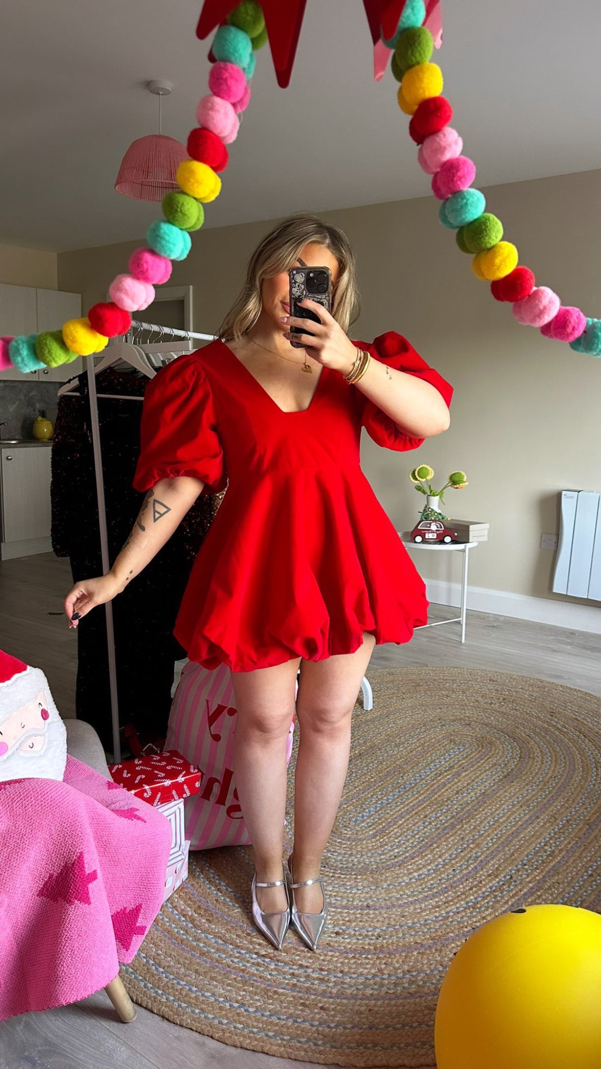 Red Velvet Puffball Mini Dress