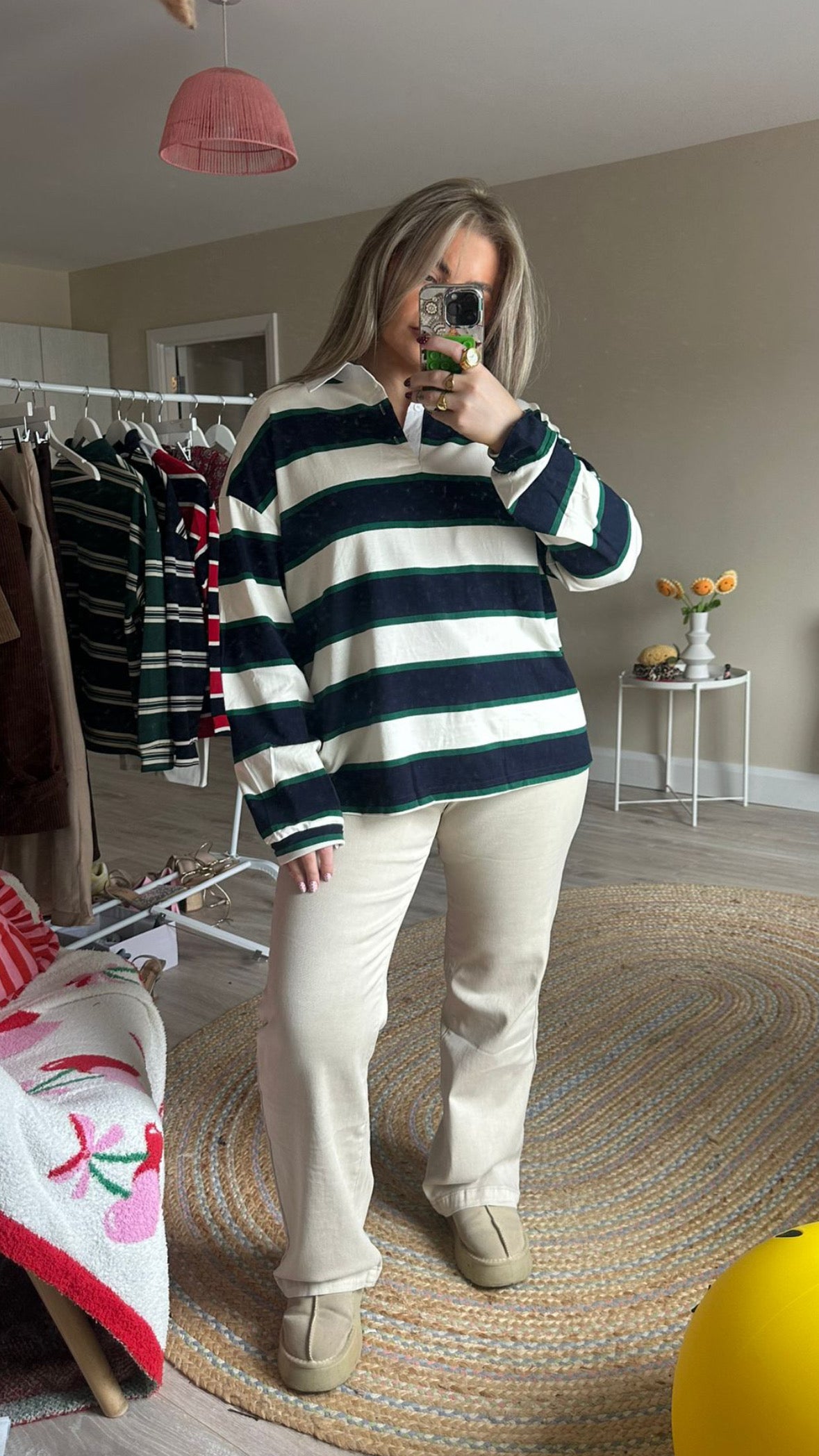 Navy Stripe Rugby Long Sleeve Top w/ Shirt Collar