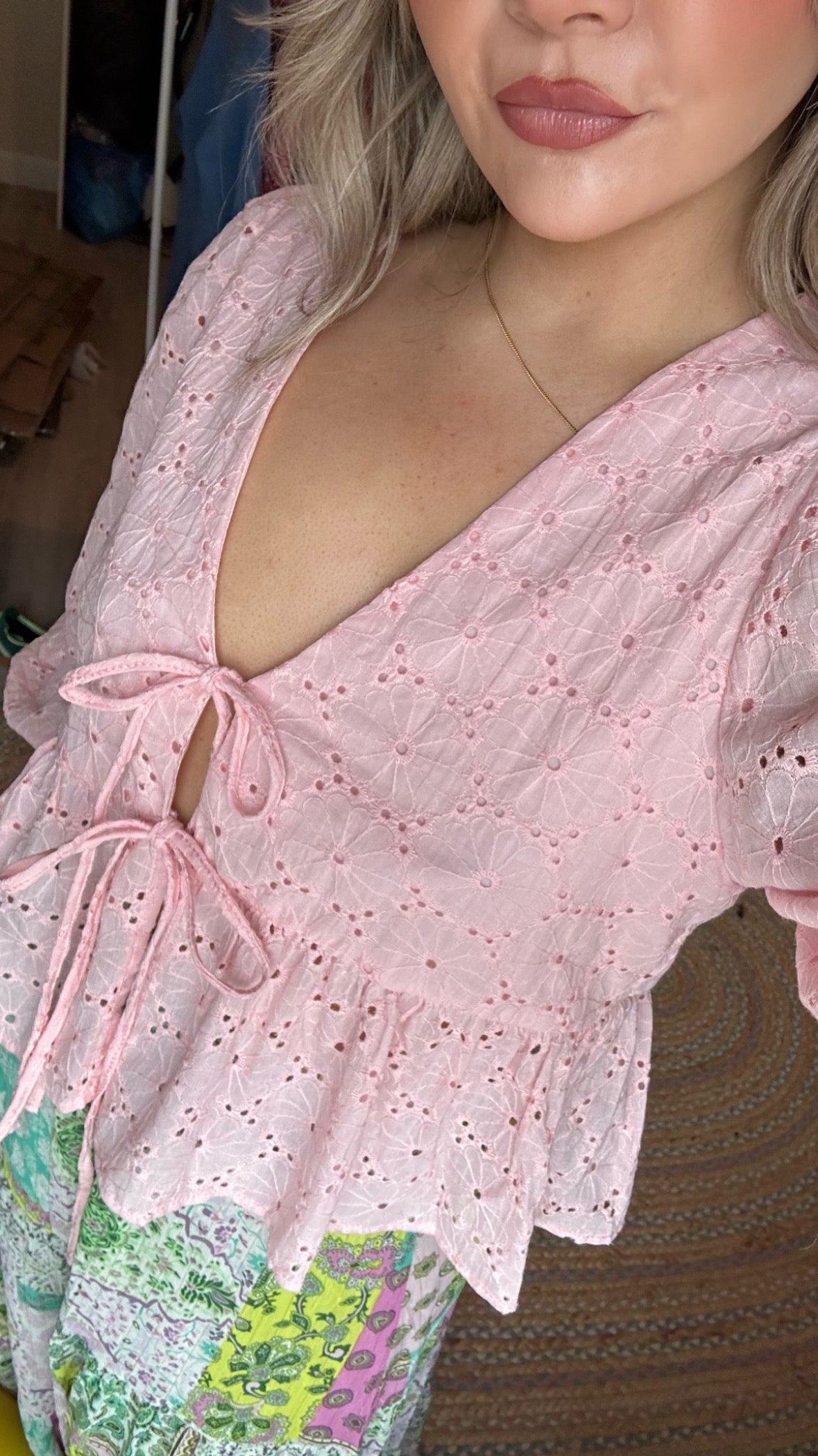 Tie Front Broderie Anglaise Blouse - Pink