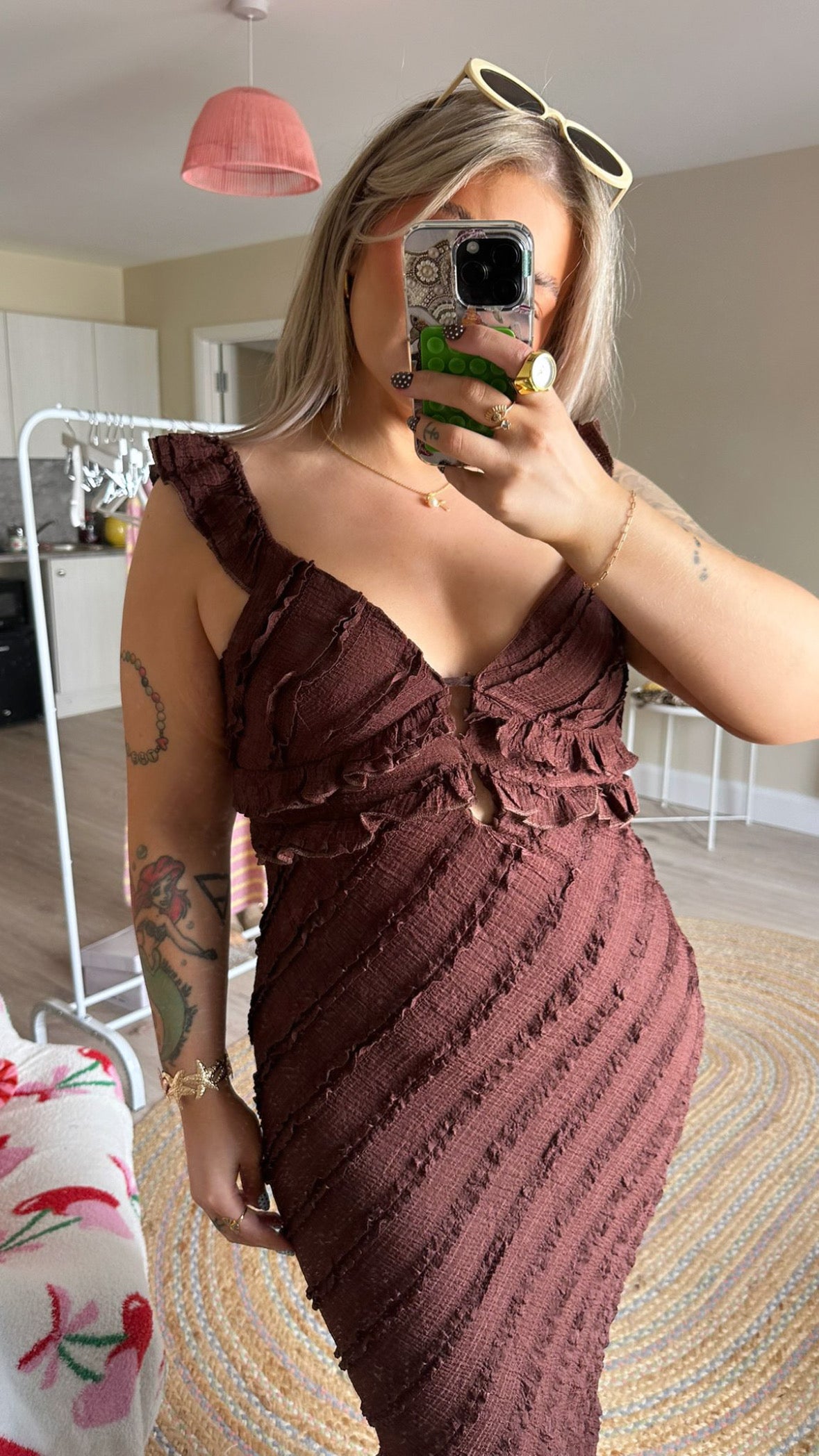 Frill Neck Maxi Dress - Brown