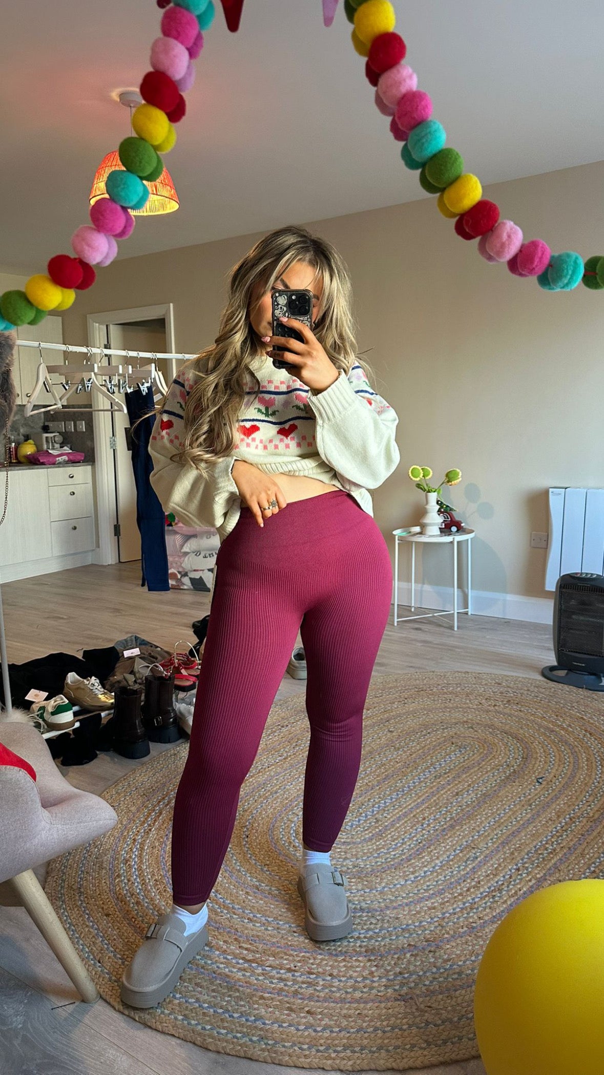 High Waist Ribbed Gym Leggings - Burgundy