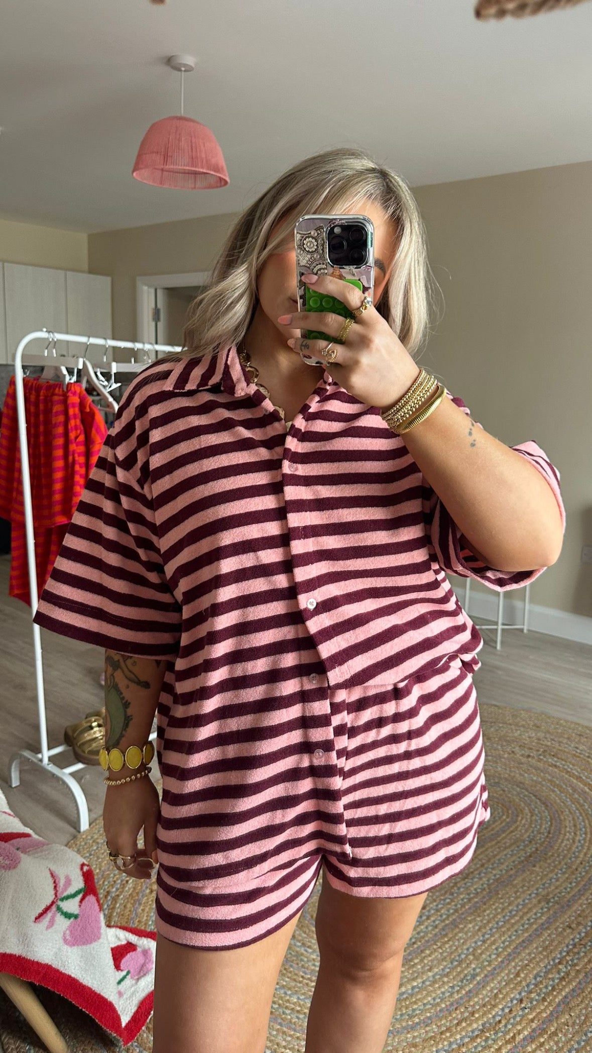 Towelling Stripe Co-Ord - Burgundy/Pink