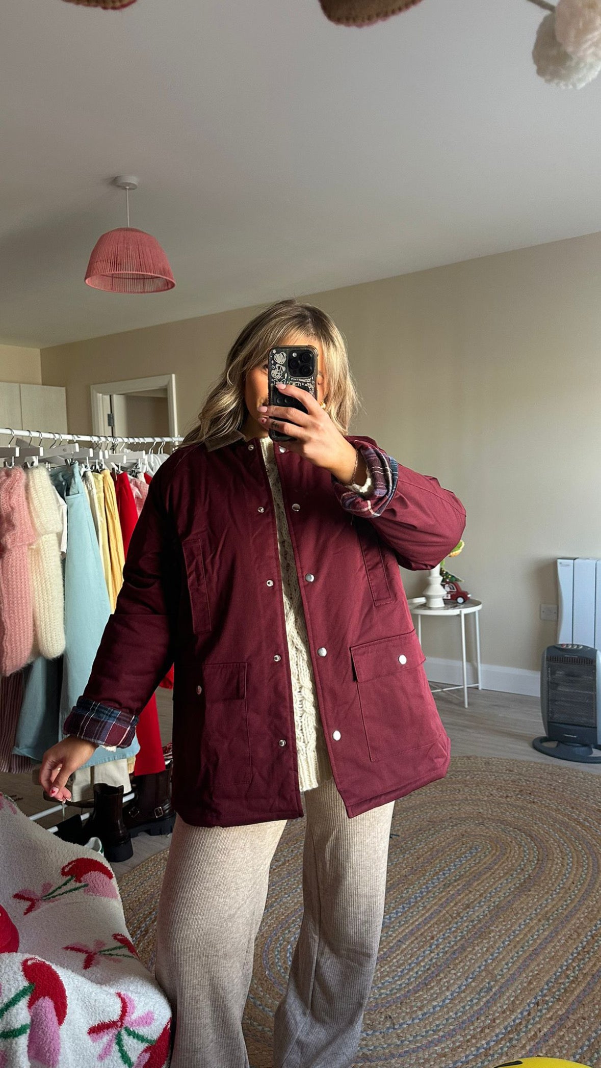 Plaid Lined Waxed Jacket - Burgundy
