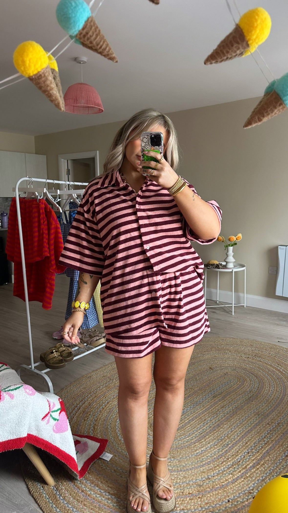 Towelling Stripe Co-Ord - Burgundy/Pink