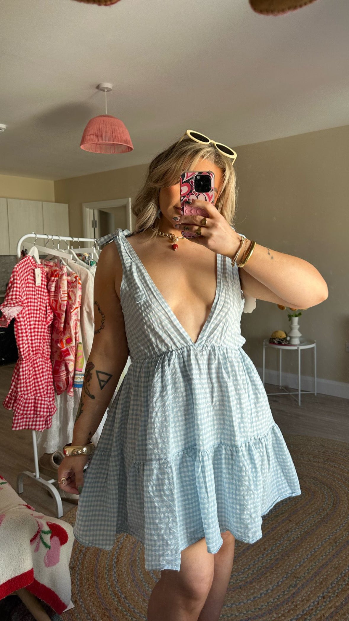 Gingham Tie Shoulder Sun Dress - Blue