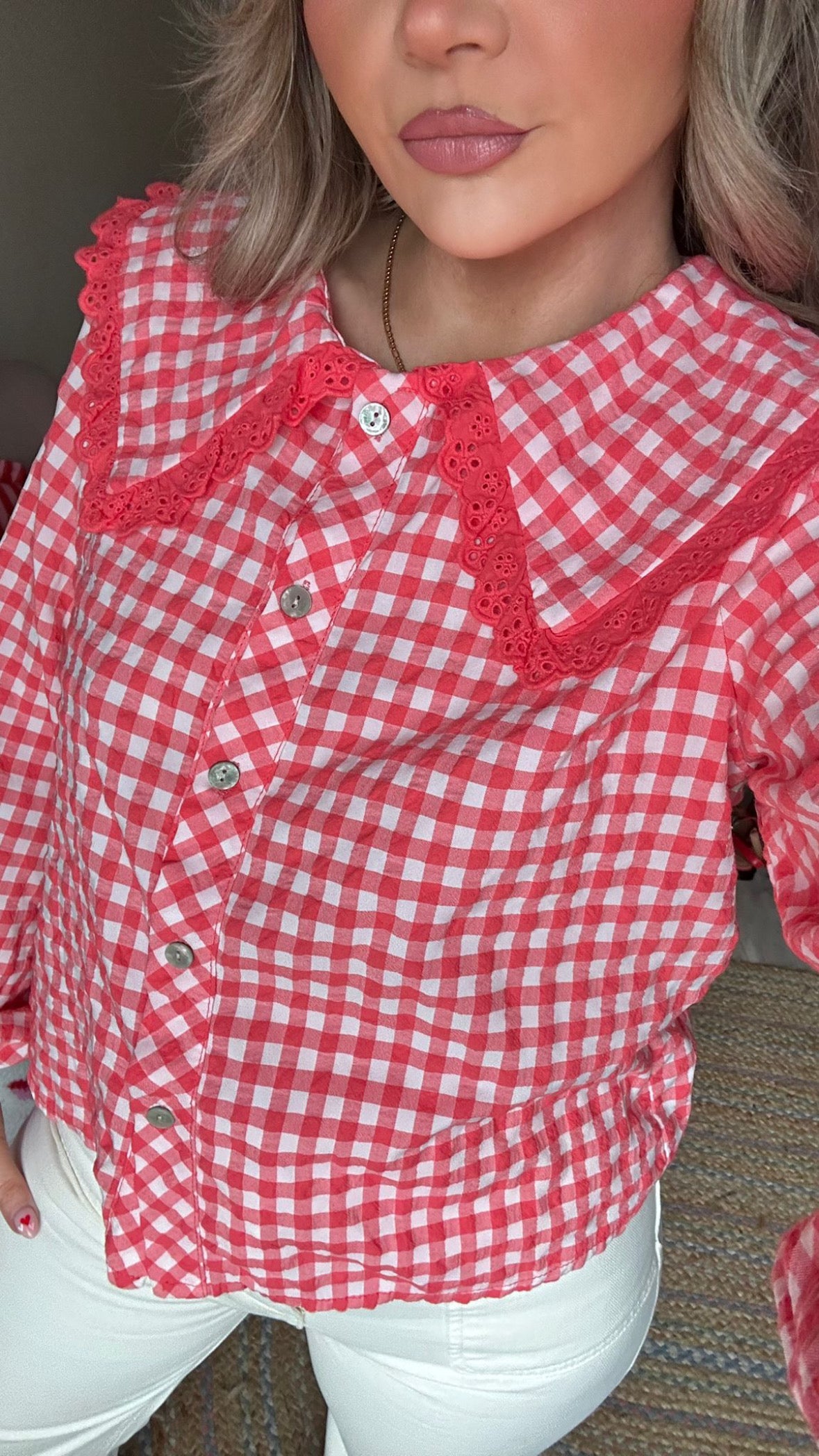 Coral Gingham Wide Collar Blouse