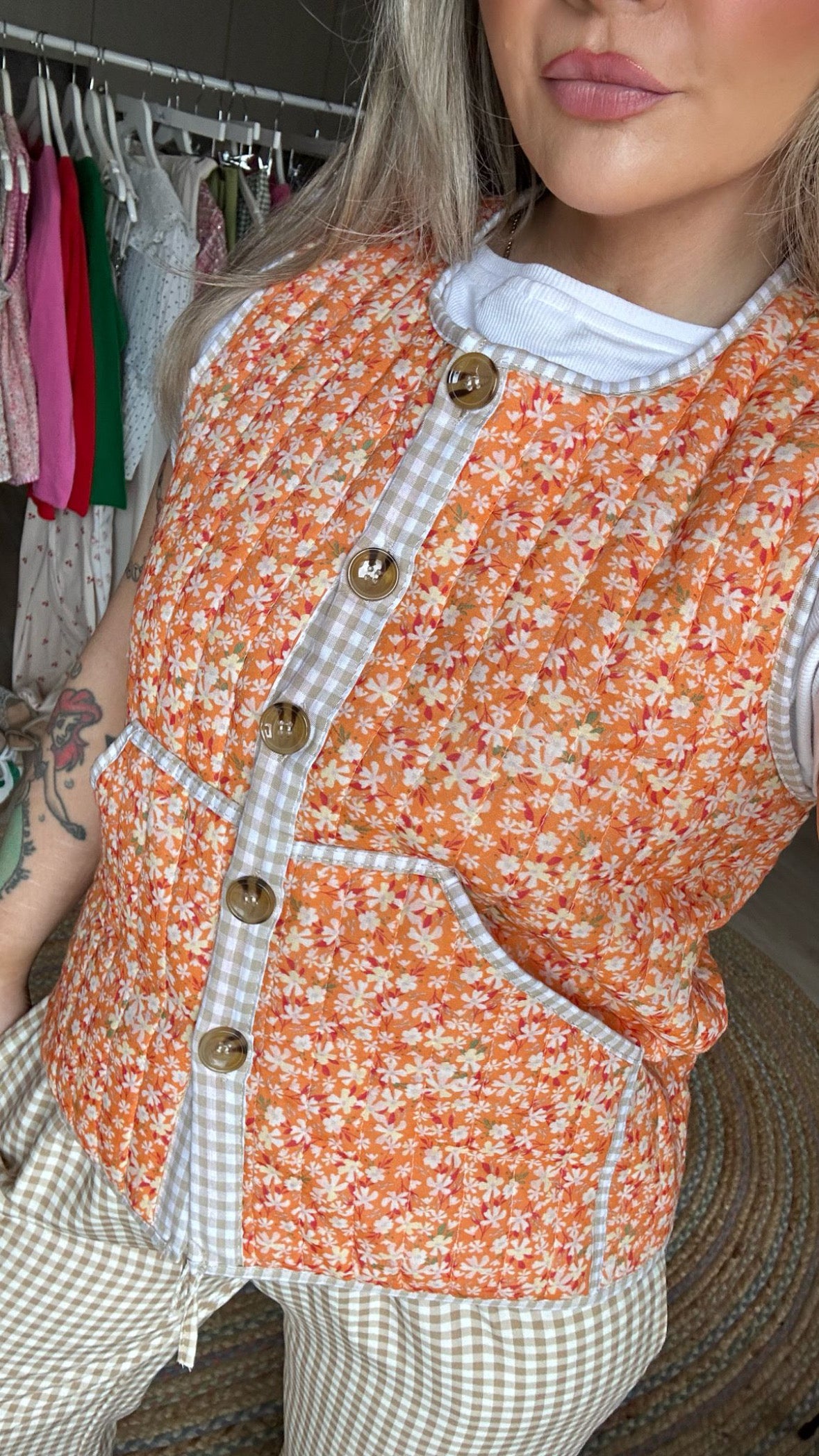 Floral Gilet with Gingham Trim - Orange