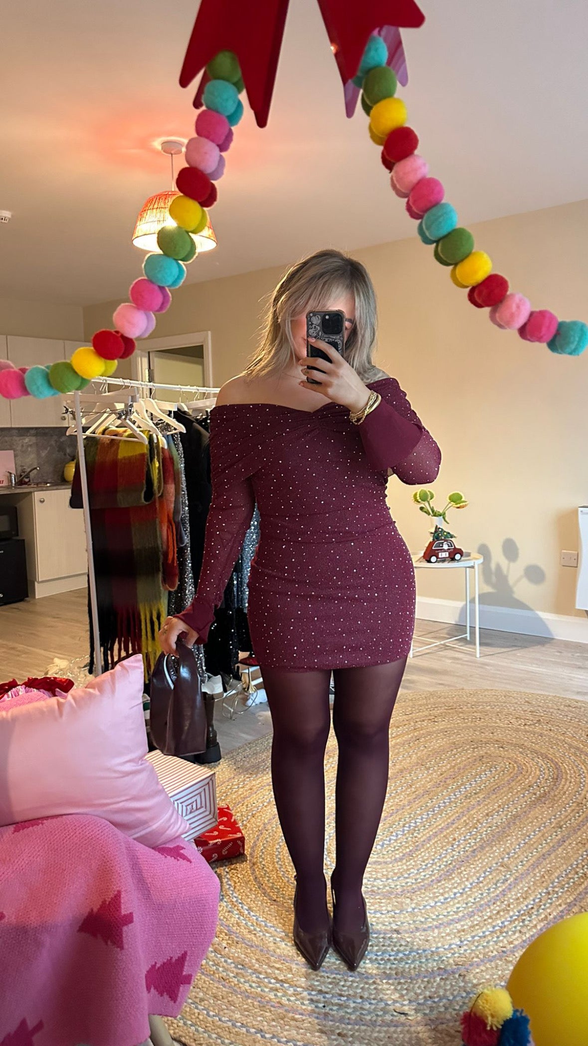 Burgundy Studded Bardot Mini Dress