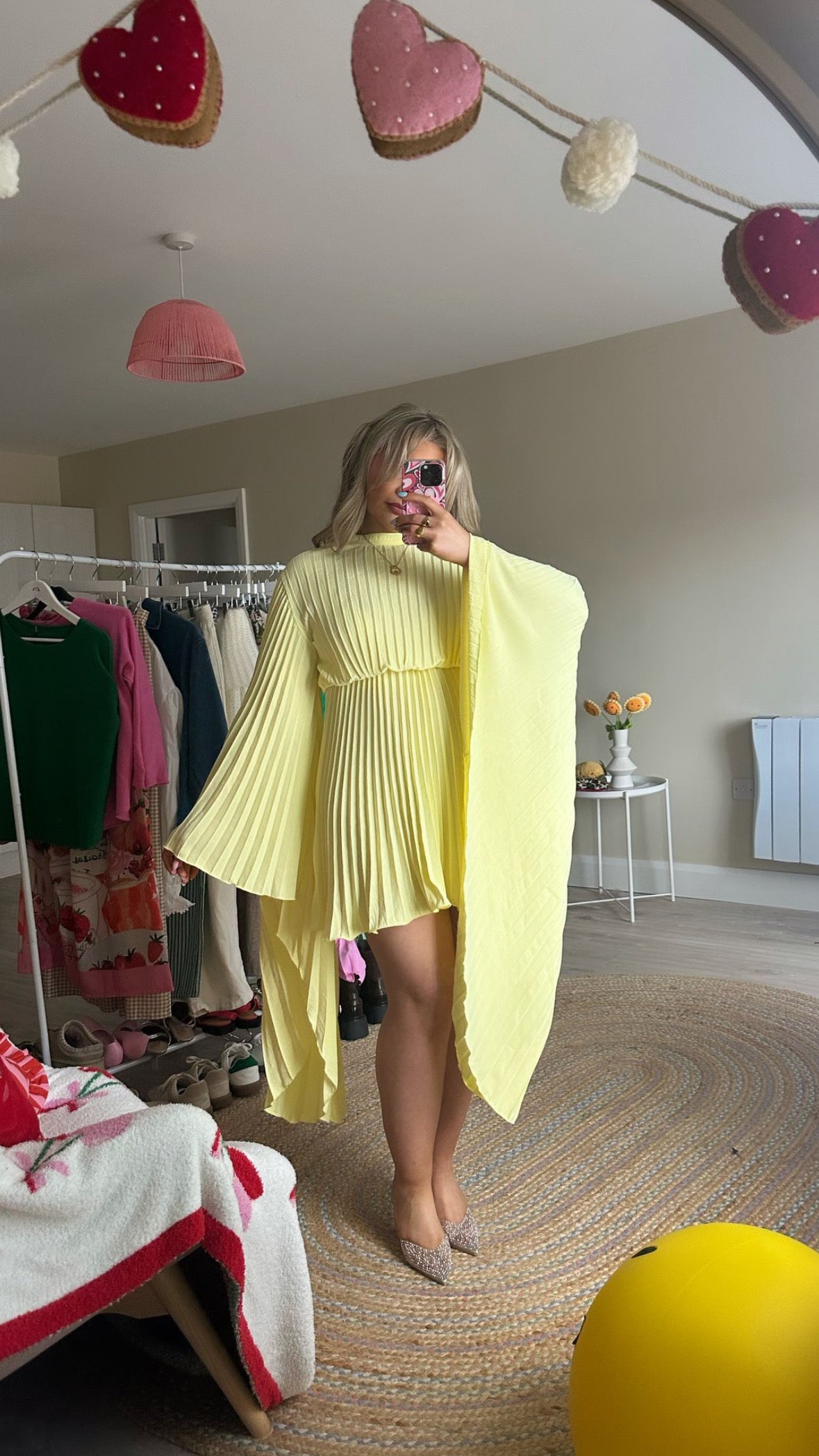 Pleated Wing Sleeve Dress - Yellow