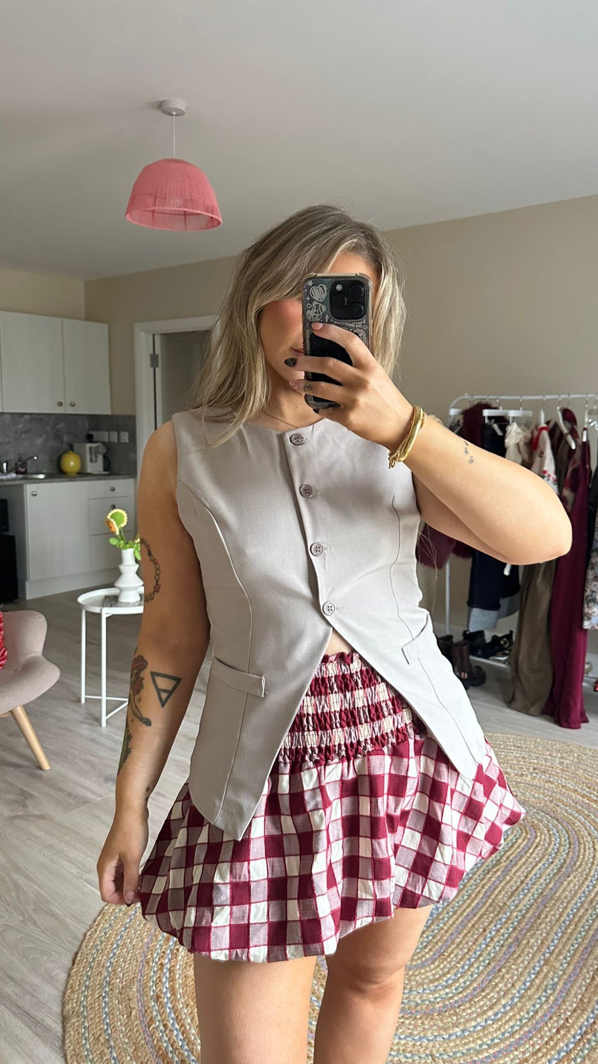 Burgundy Check Bubble Hem Skirt