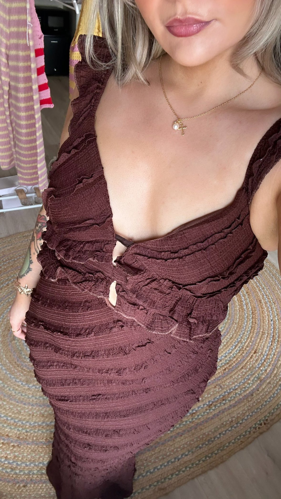 Frill Neck Maxi Dress - Brown