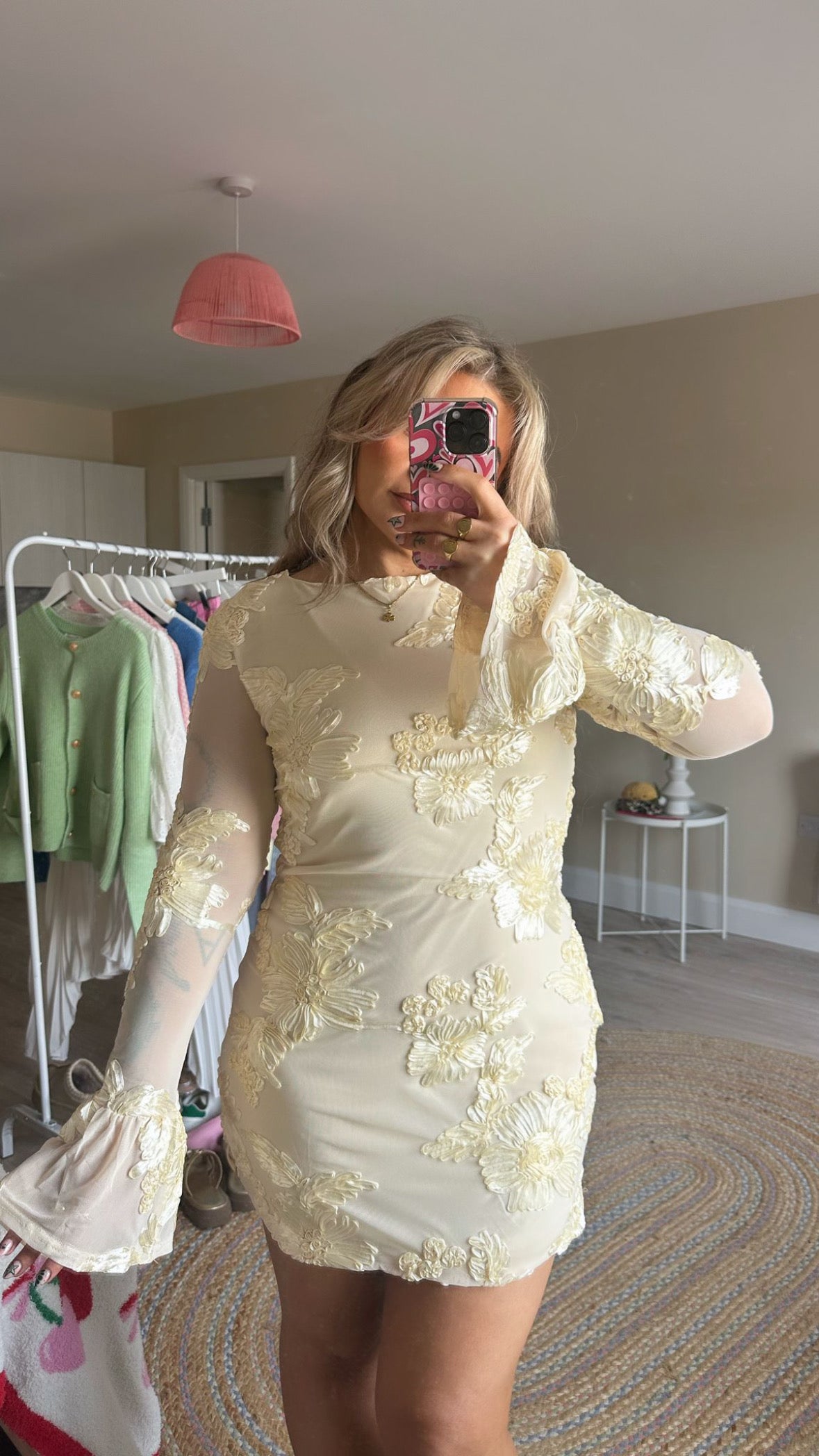 Floral Appliqué Flared Sleeve Mini Dress