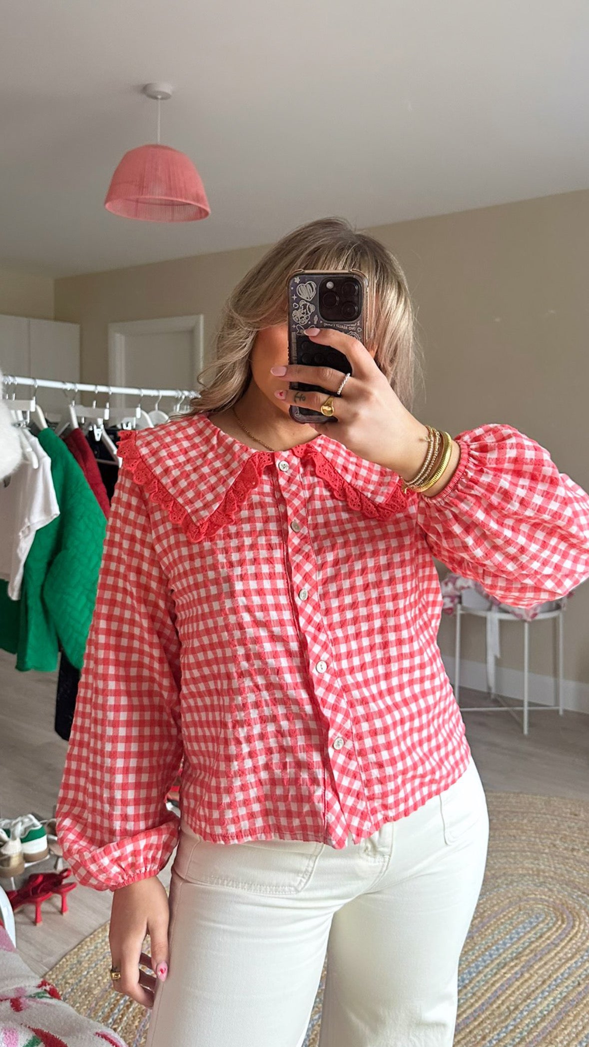 Coral Gingham Wide Collar Blouse