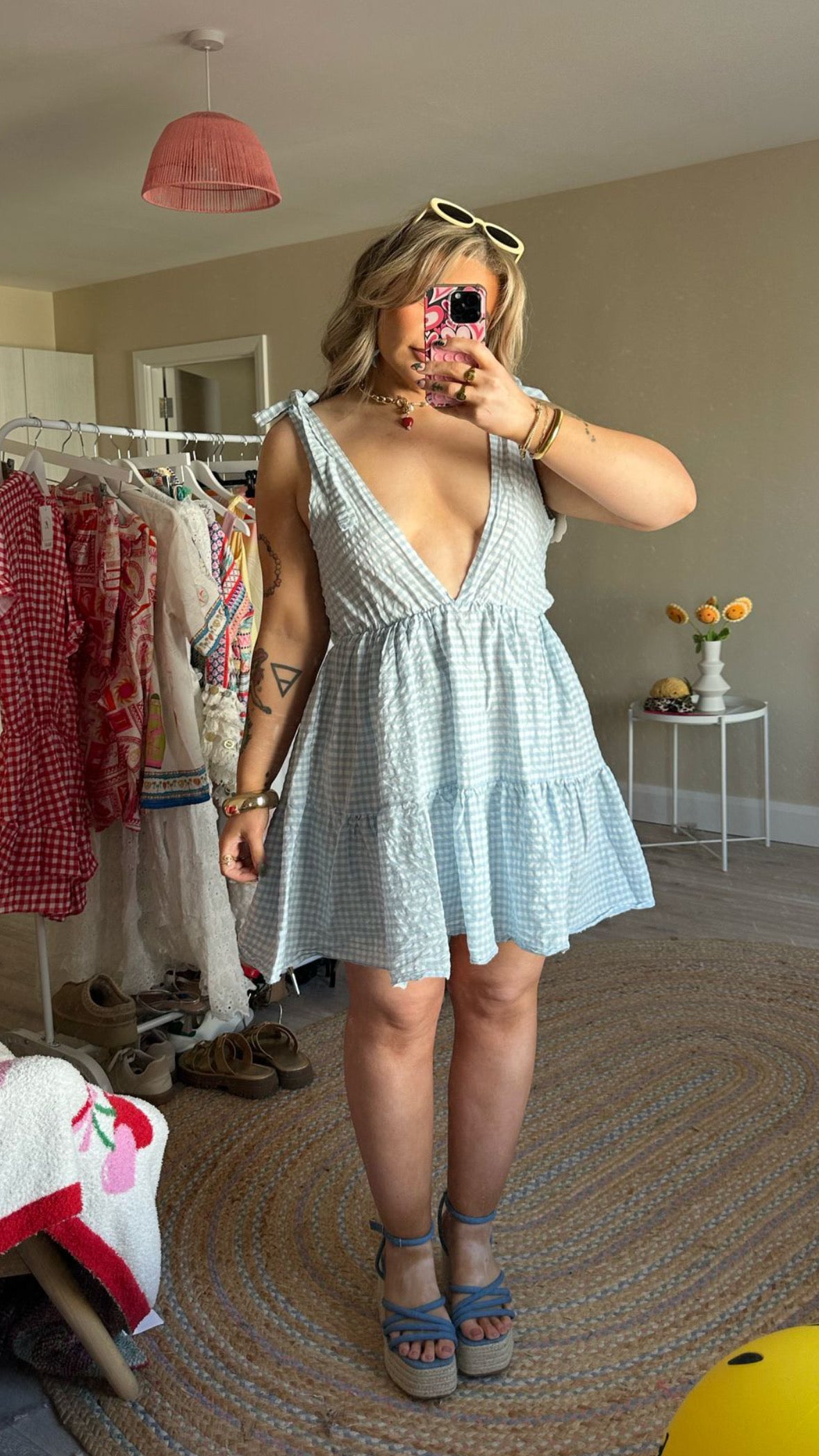 Gingham Tie Shoulder Sun Dress - Blue