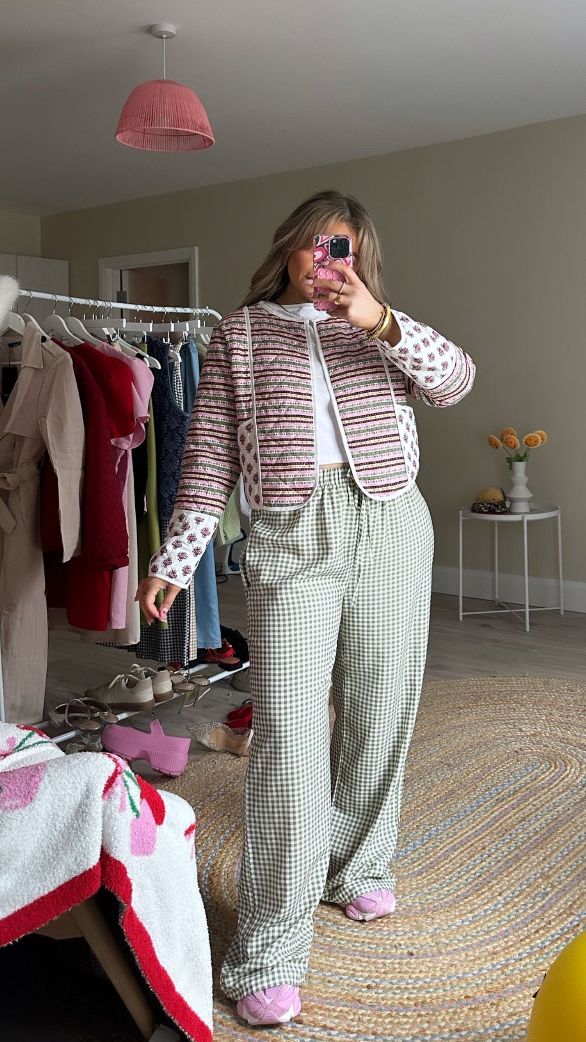 Pink Geometric Patterned Quilted Jacket
