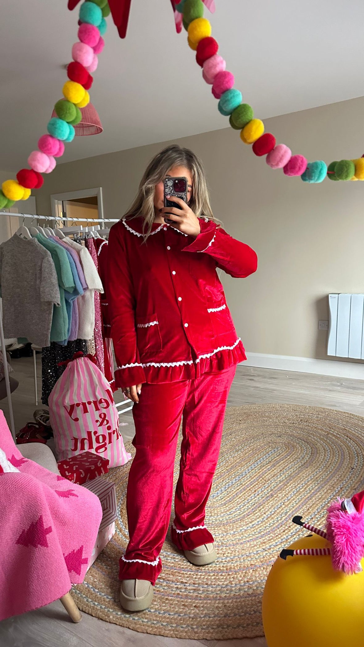 Red Velvet Trim Collar Pyjamas