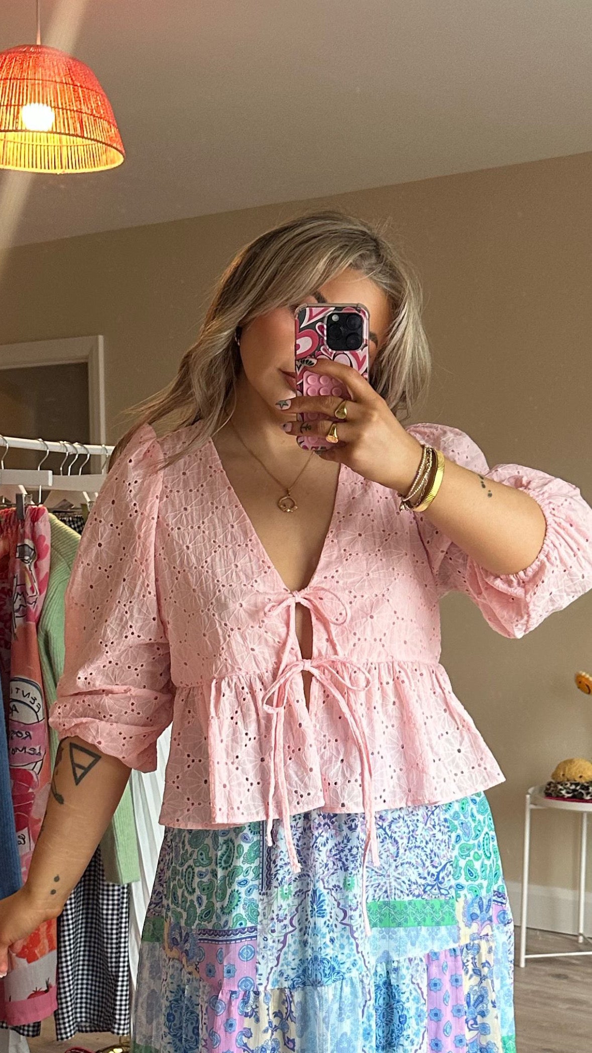 Tie Front Broderie Anglaise Blouse - Pink