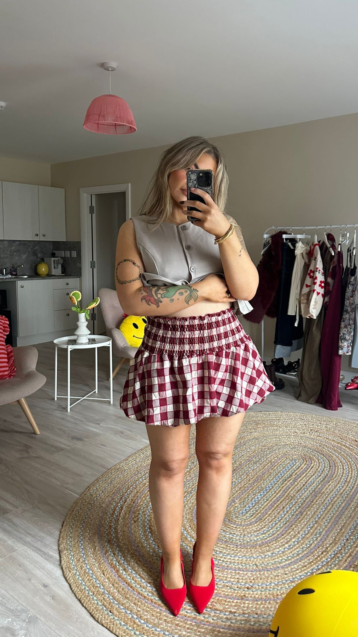 Burgundy Check Bubble Hem Skirt