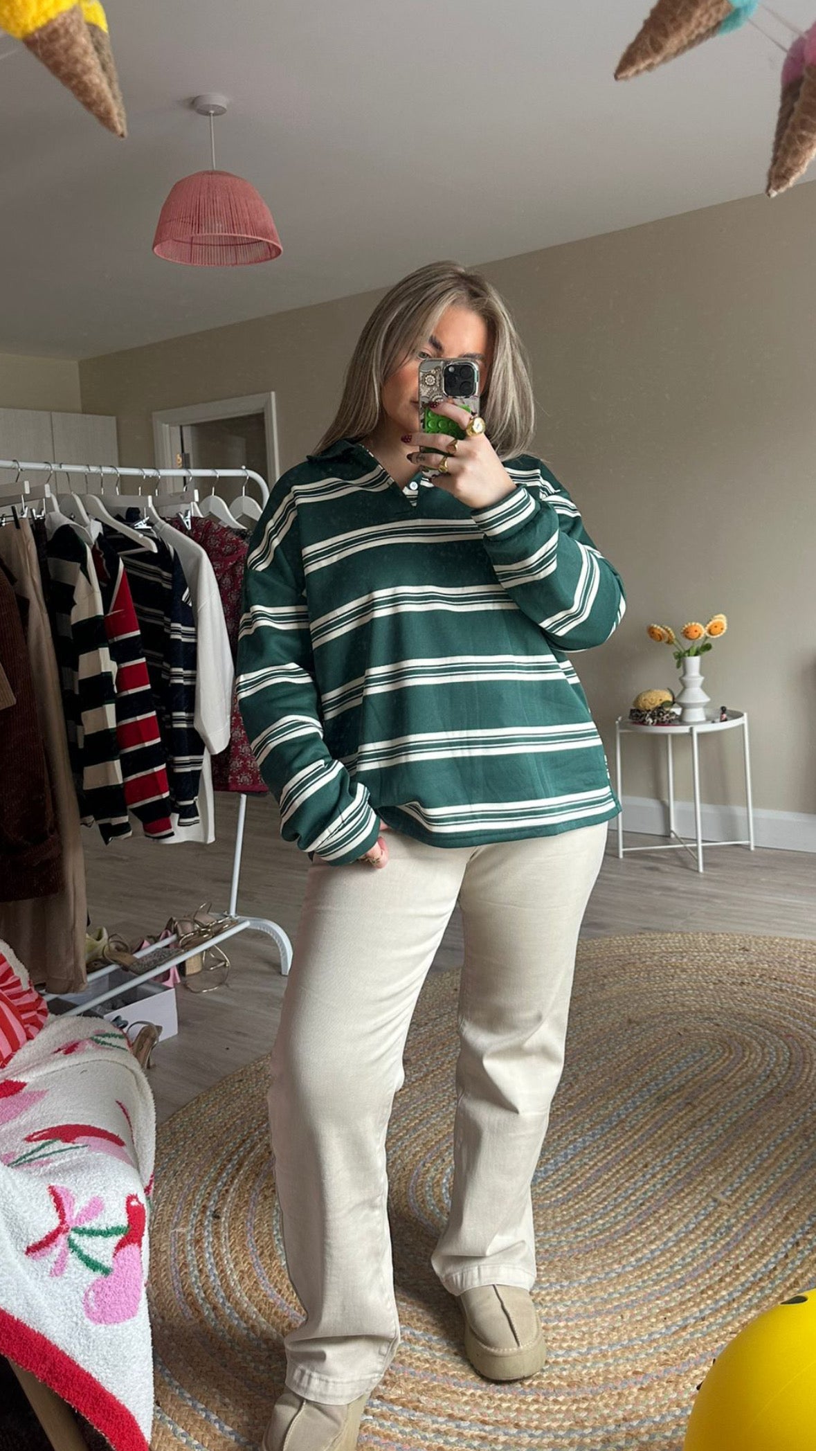 Green Stripe Rugby Long Sleeve Top