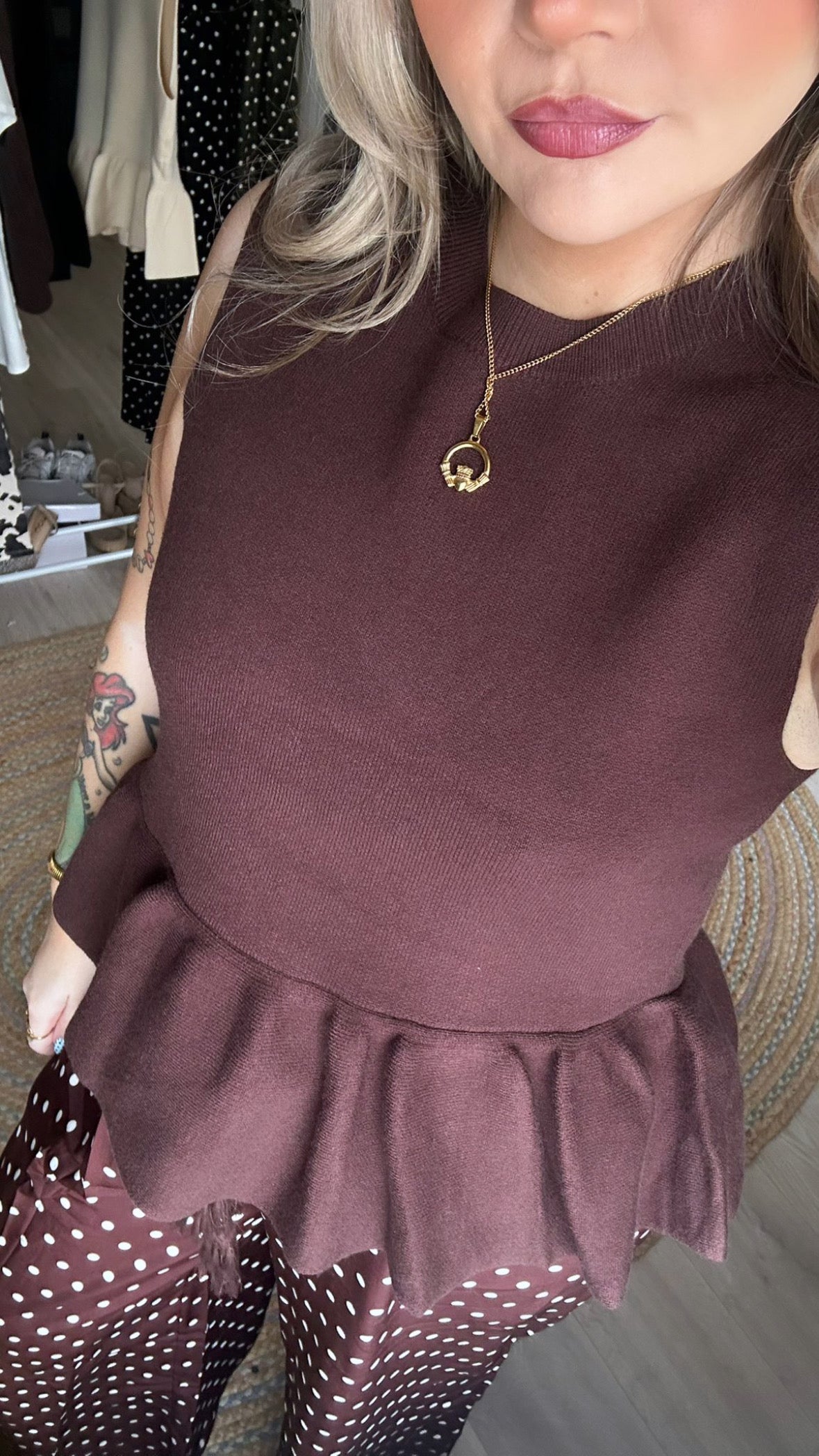 Soft Knit Peplum Top - Brown