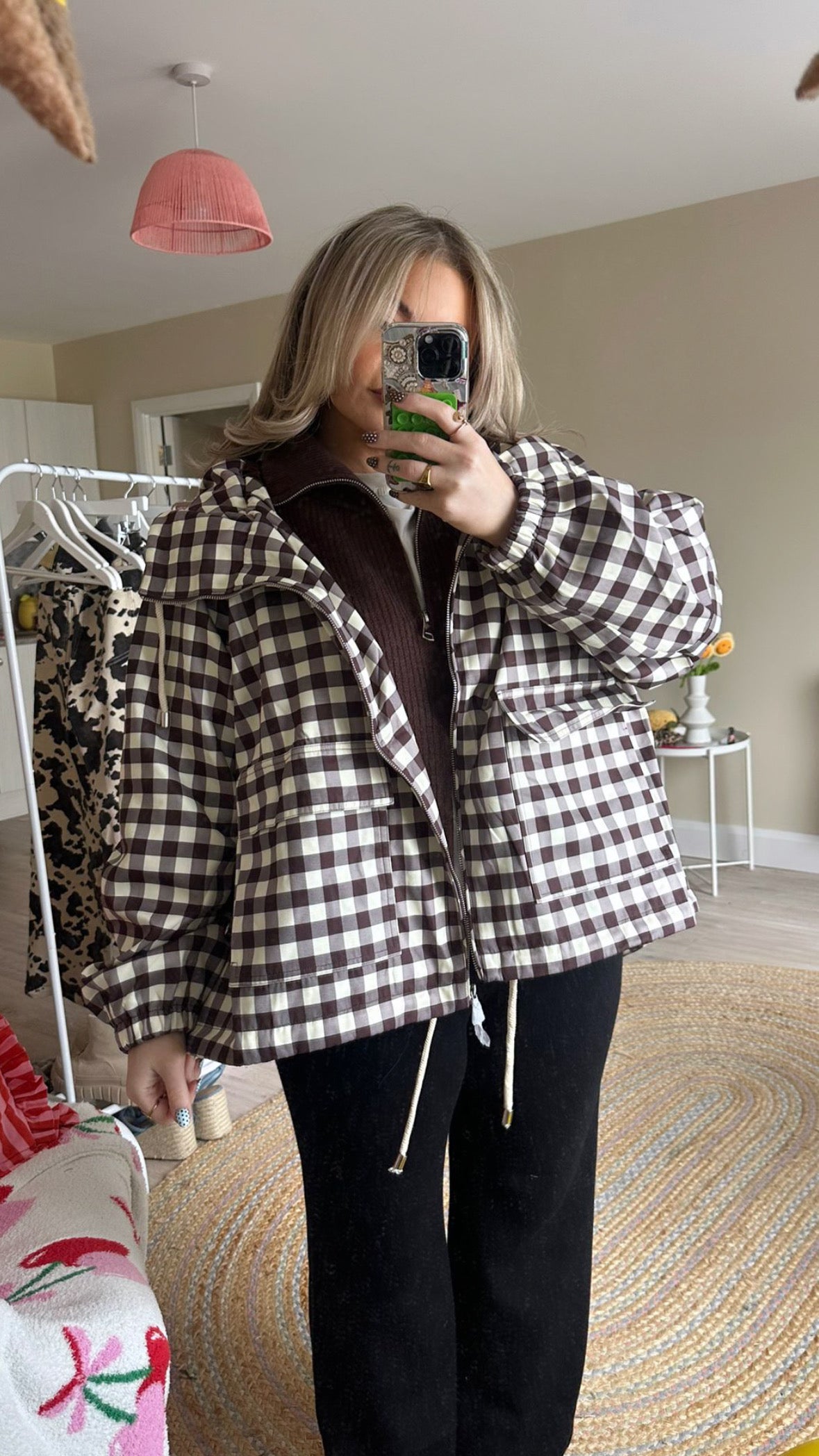 Gingham Hooded Jacket - Brown