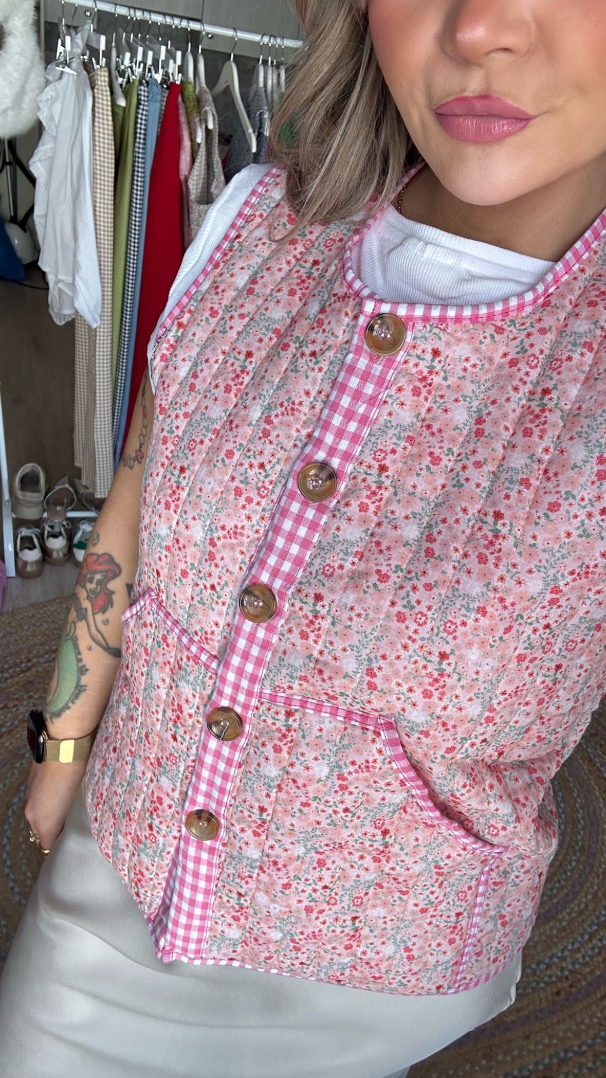 Floral Gilet with Gingham Trim - Pink