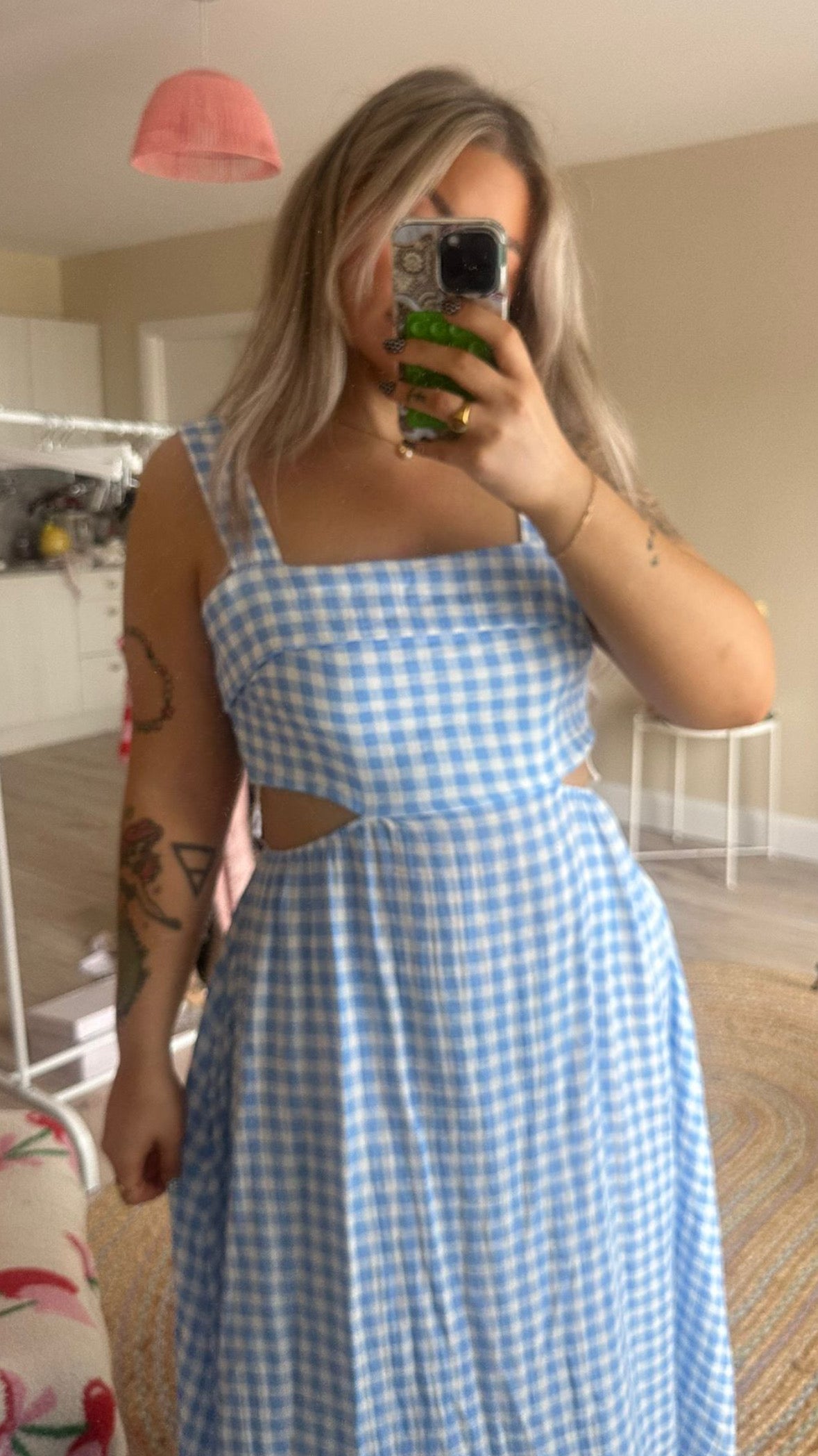 Gingham Tie Back Midi Dress - Blue