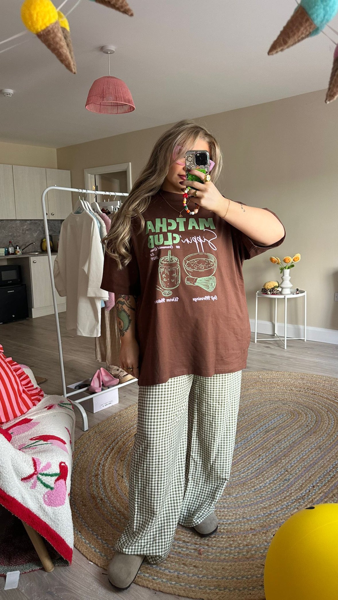 Gingham Pull On Trousers - Green