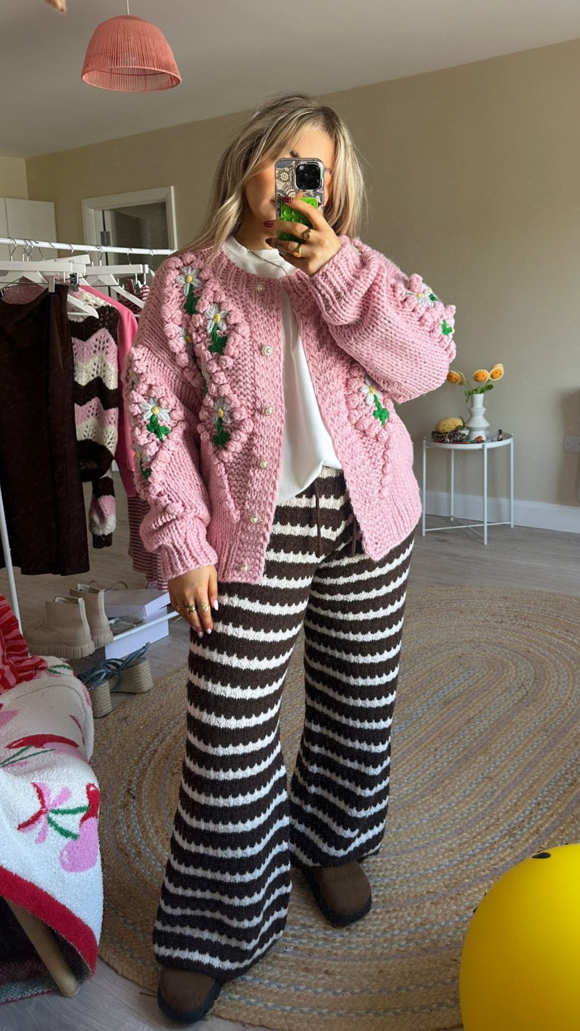 Pink Chunky Floral Knit Cardigan
