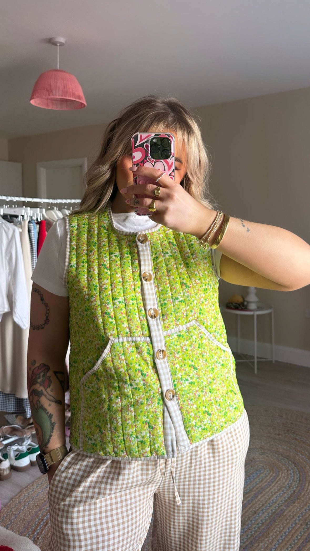 Floral Gilet with Gingham Trim - Green