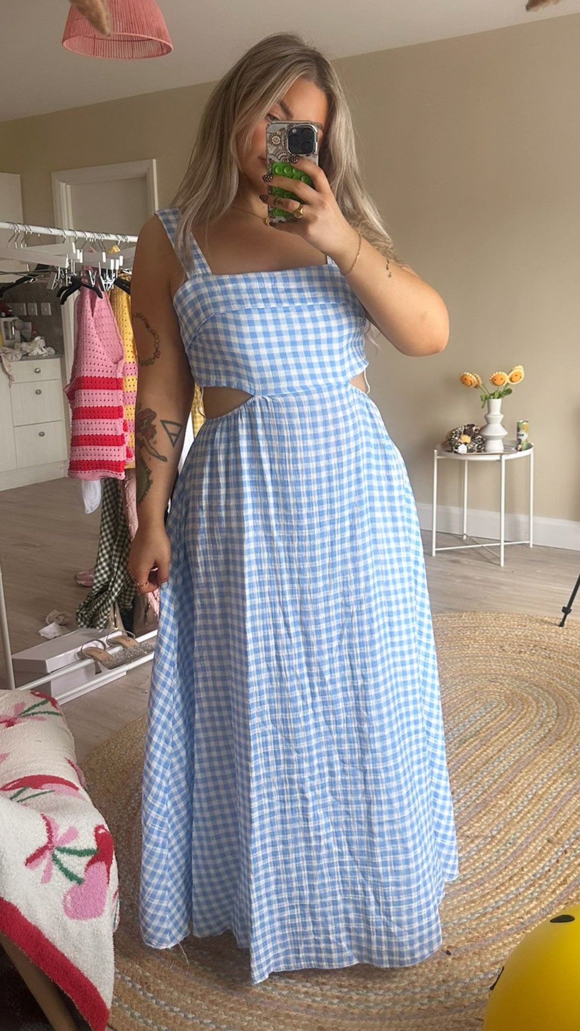 Gingham Tie Back Midi Dress - Blue