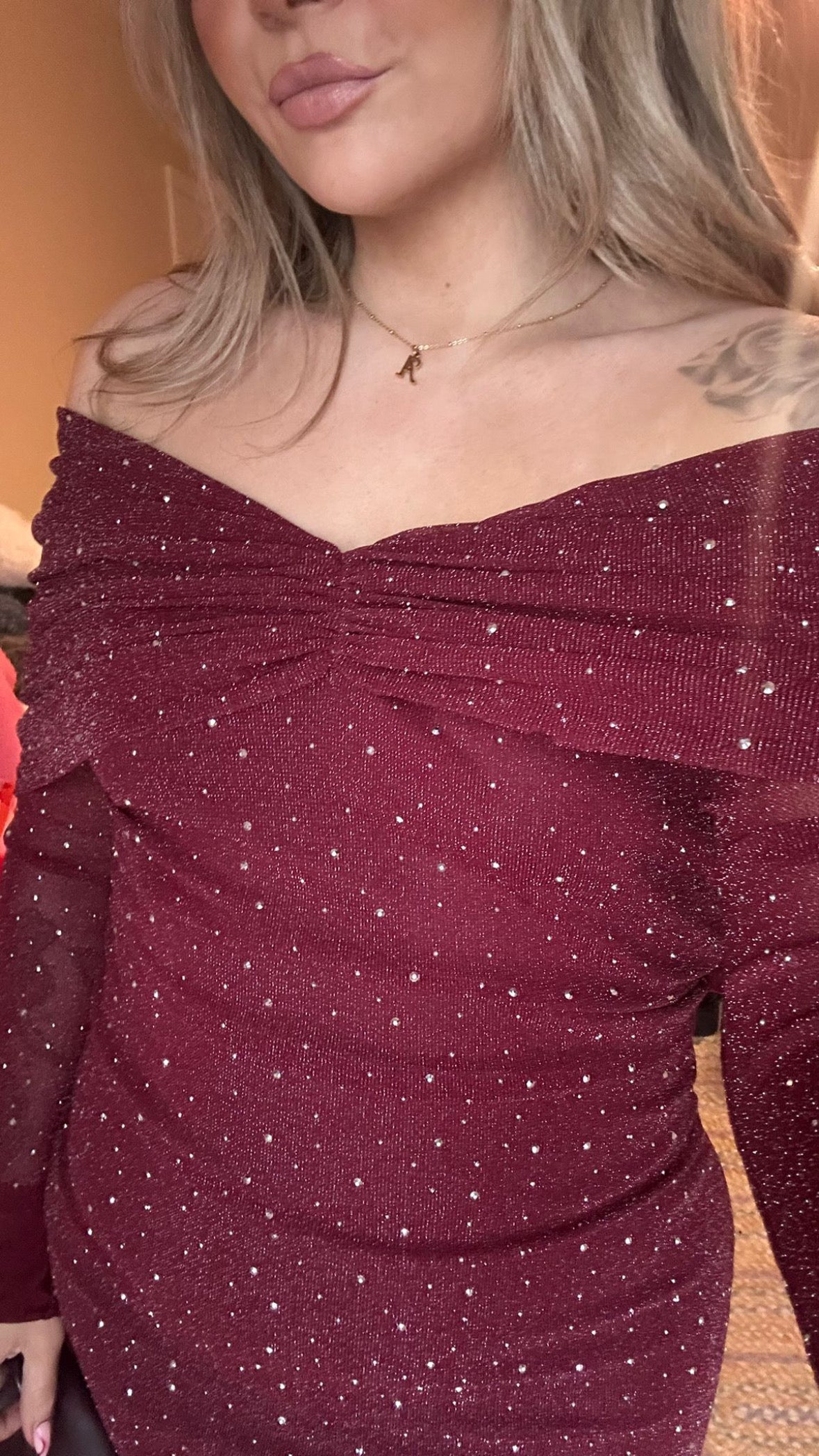 Burgundy Studded Bardot Mini Dress