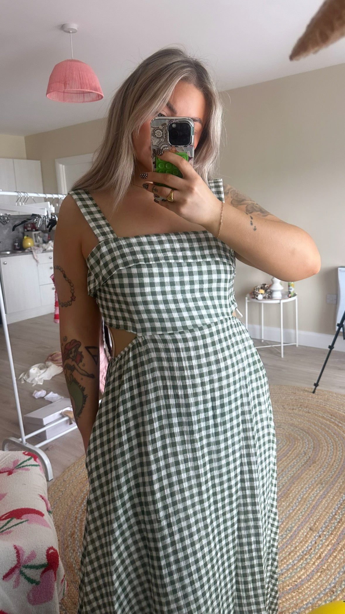 Gingham Tie Back Midi Dress - Khaki